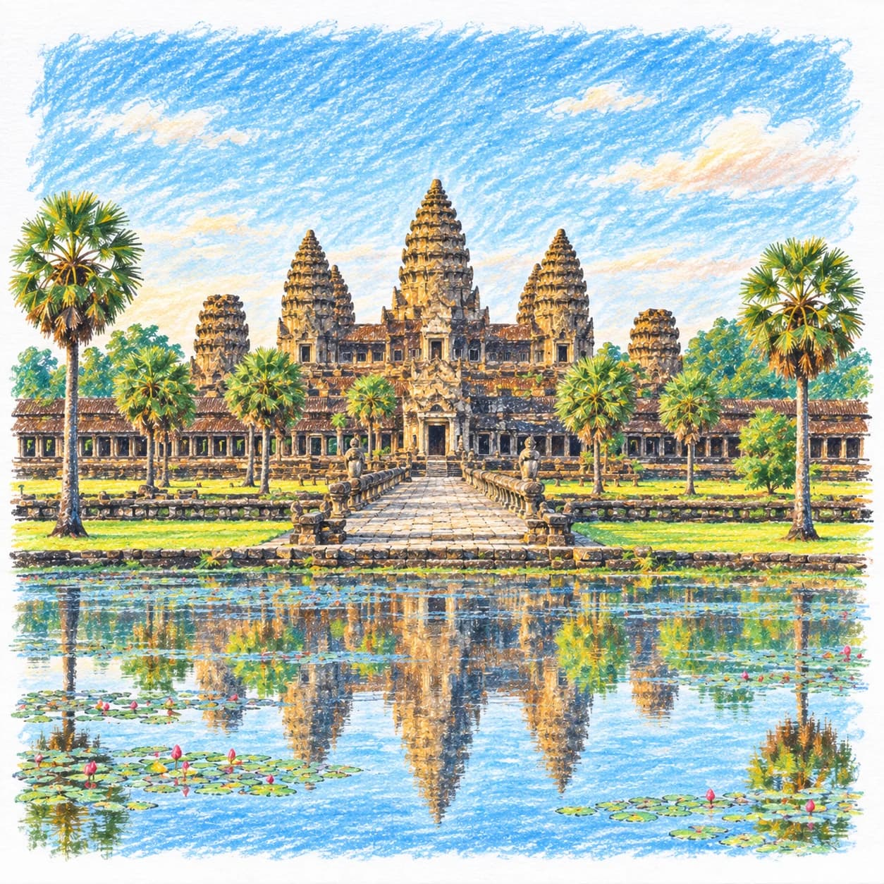 Modèle colorié: Coloriage du Cambodge : Angkor Vat et son reflet