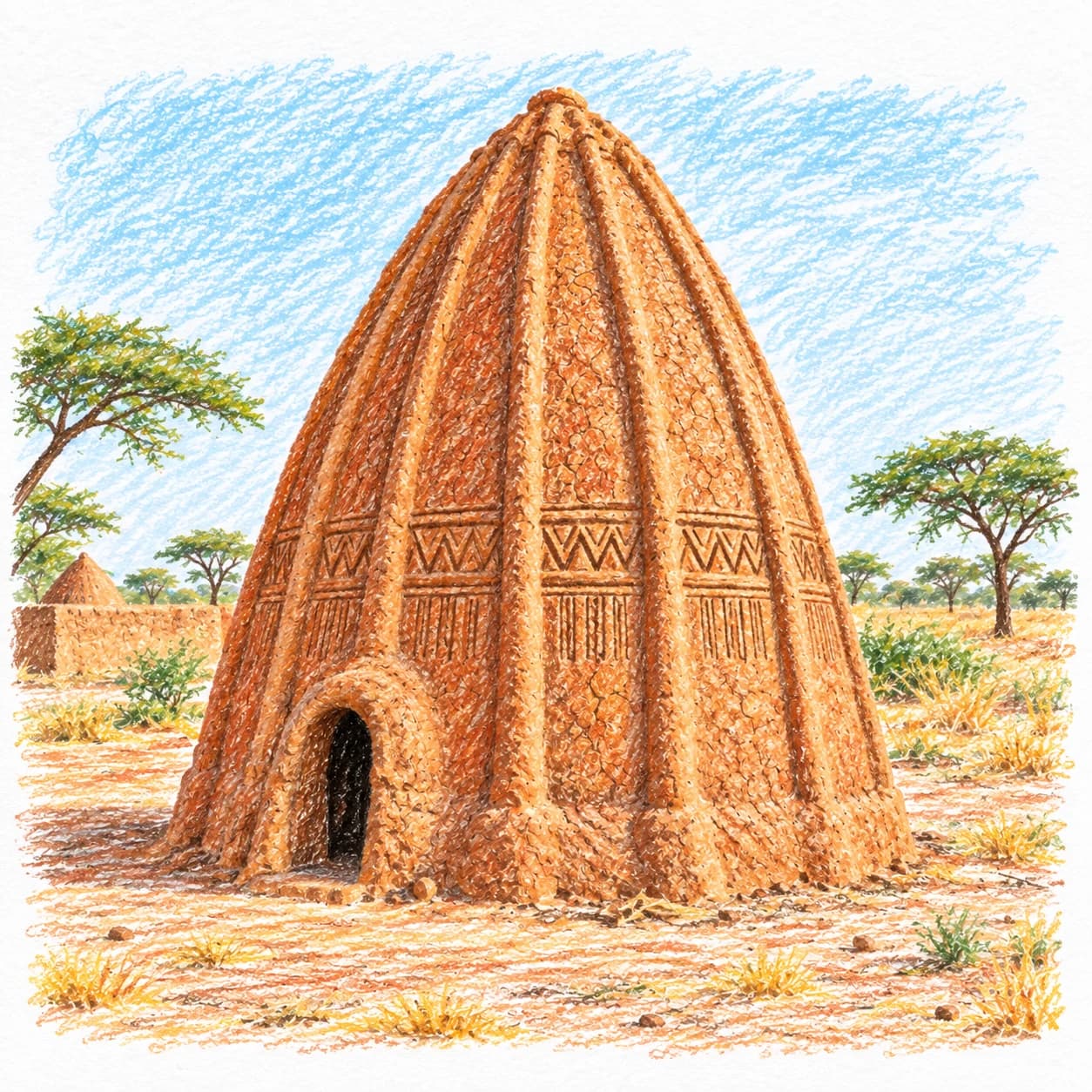 Colored model: Cameroon coloring page: shell-shaped mud hut