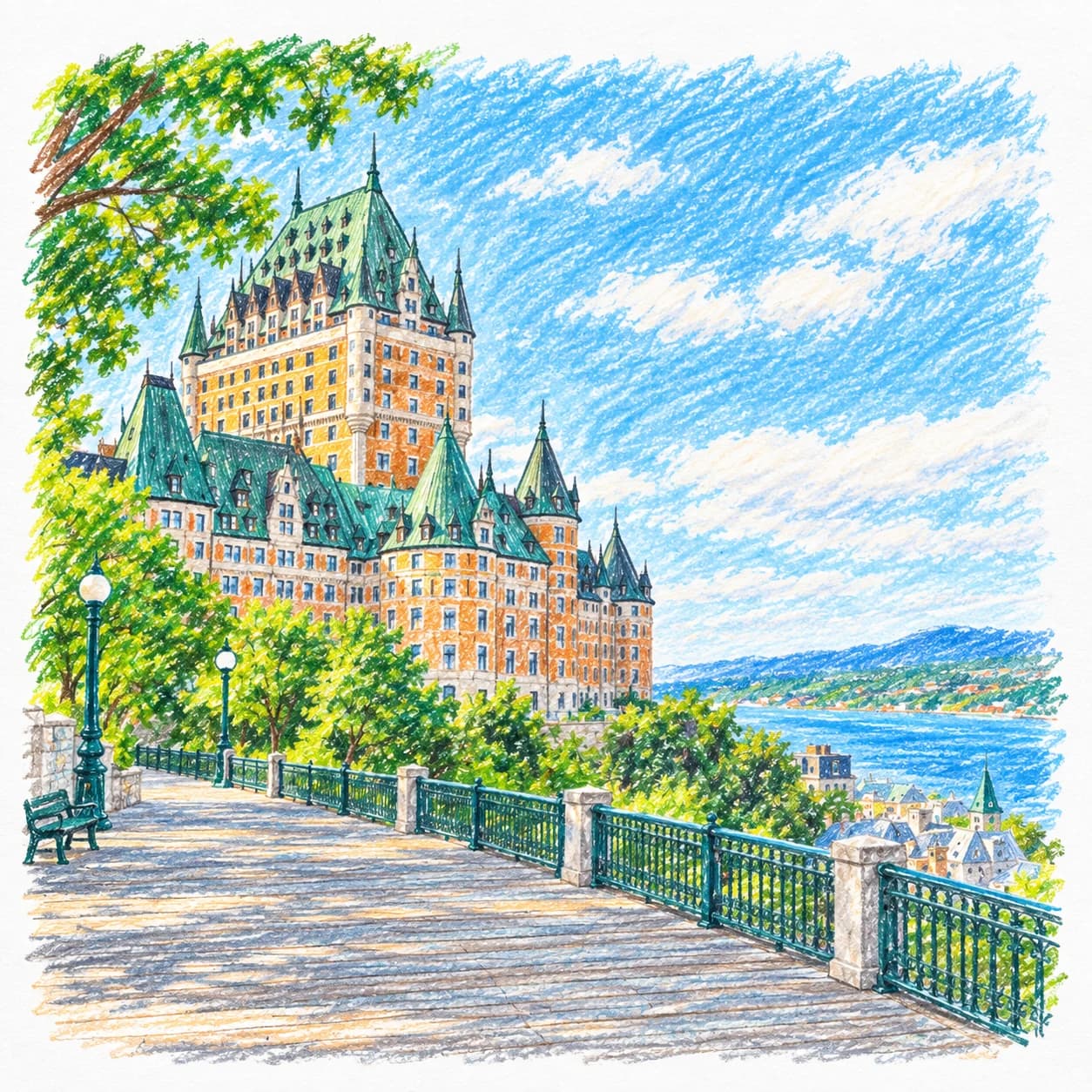 Modèle colorié: Coloriage du Canada : le Château Frontenac à Québec