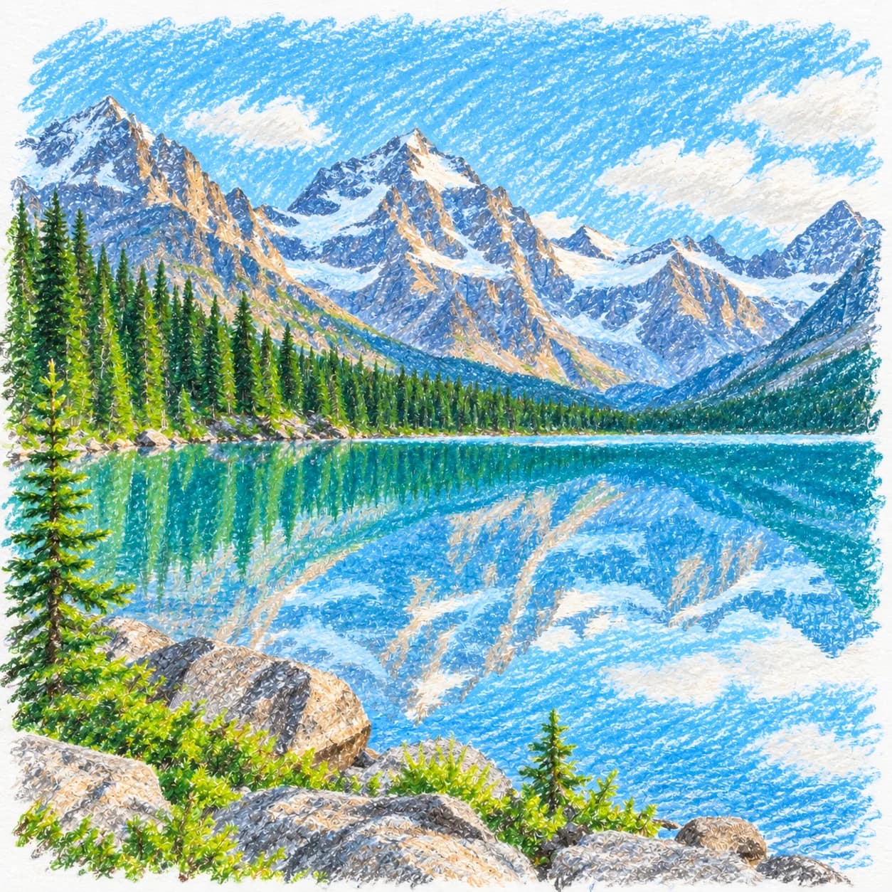 Colored model: Canadian Rockies glacial lake coloring page
