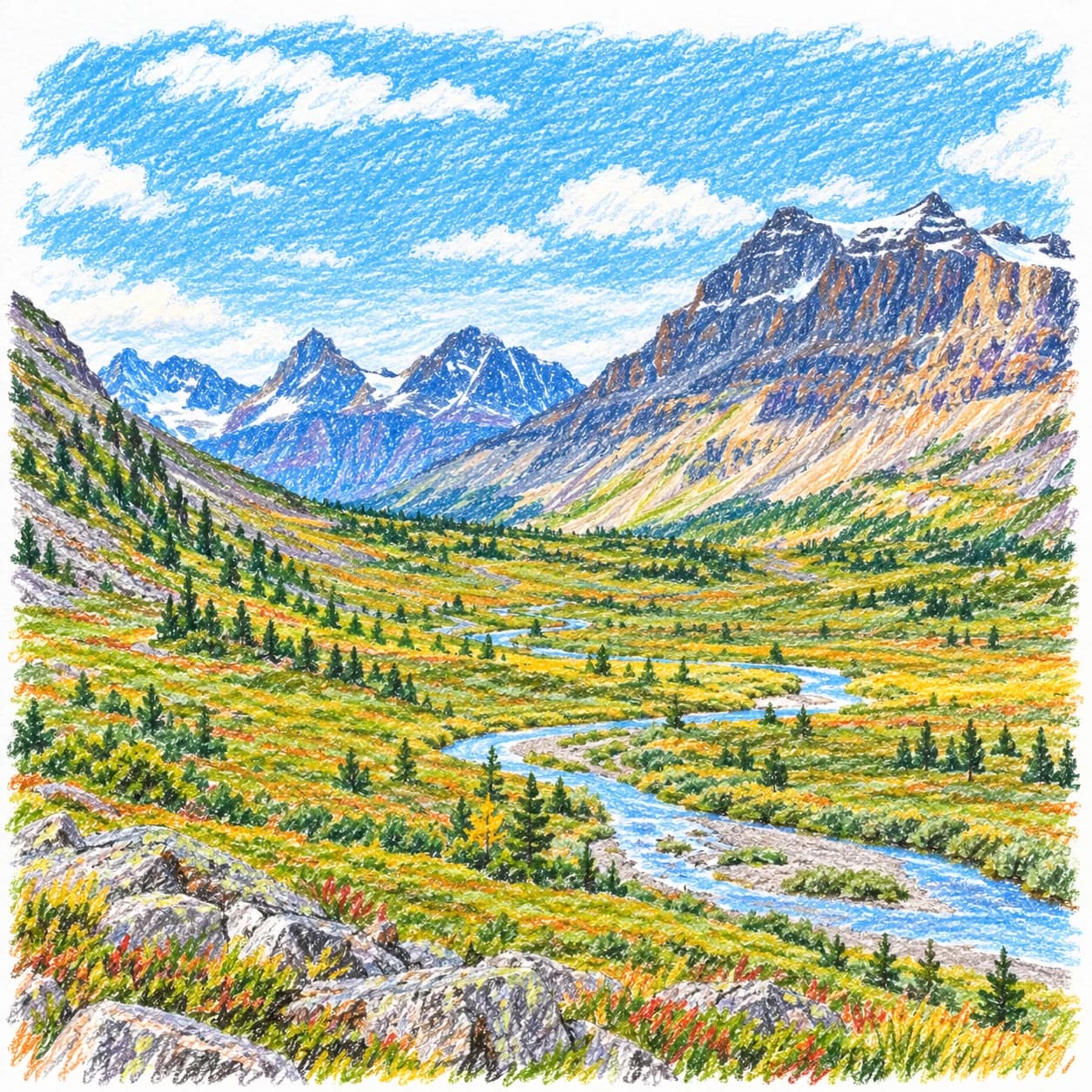 Colored model: Canadian Rockies high valley coloring page