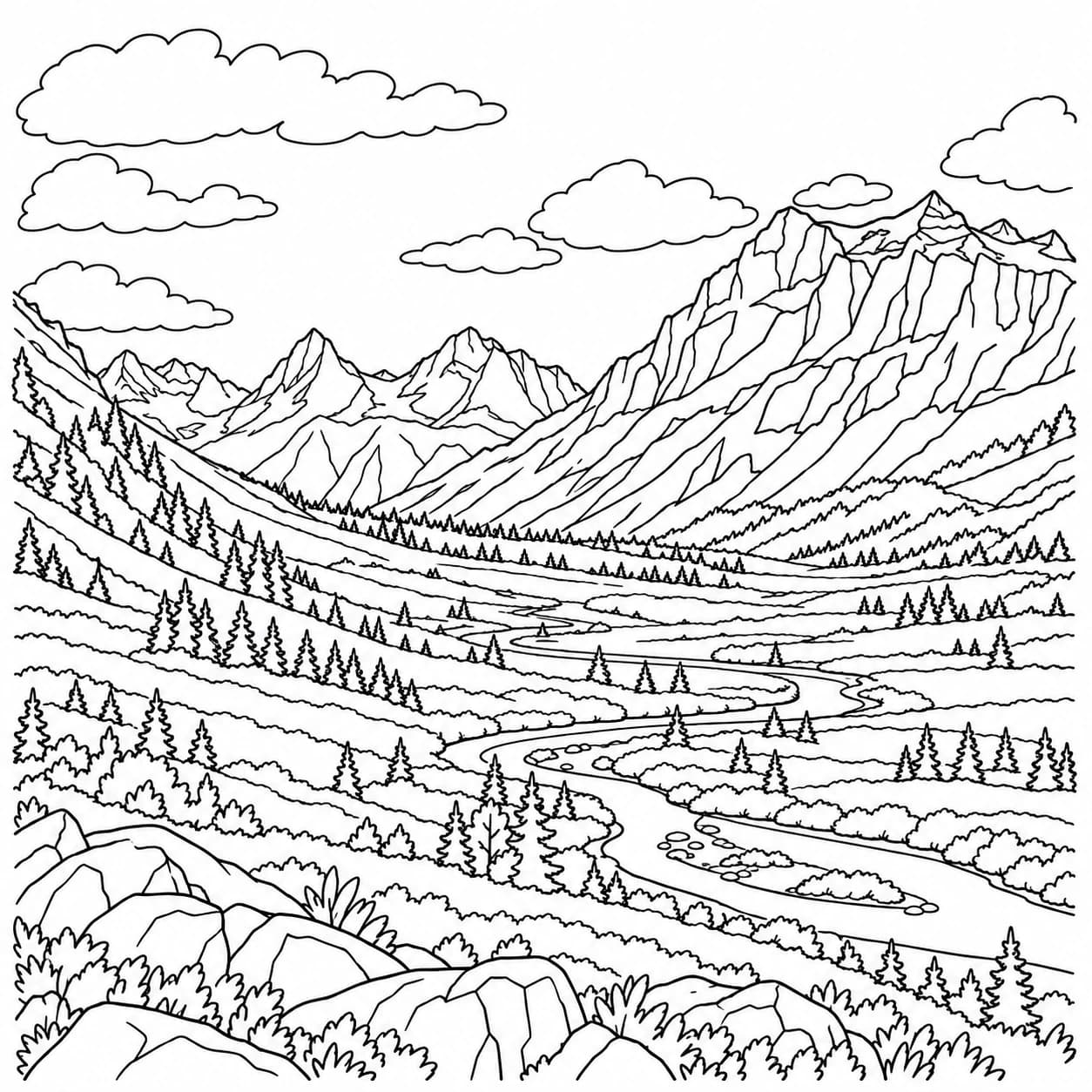 Coloriage: Coloriage des Rocheuses canadiennes : haute vallée
