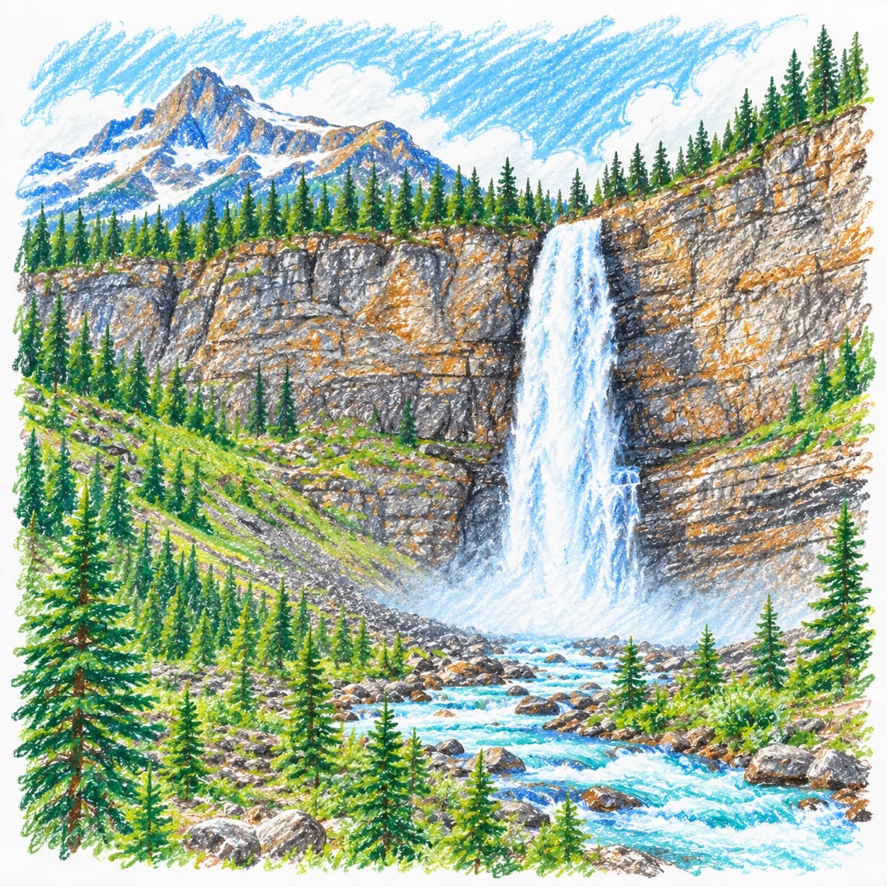 Colored model: Canadian Rockies mountain waterfall coloring page