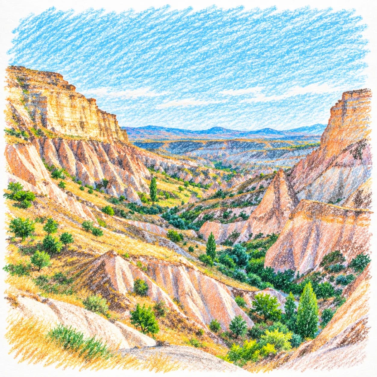 Modèle colorié: Coloriage des vallées de Cappadoce : canyon stratifié
