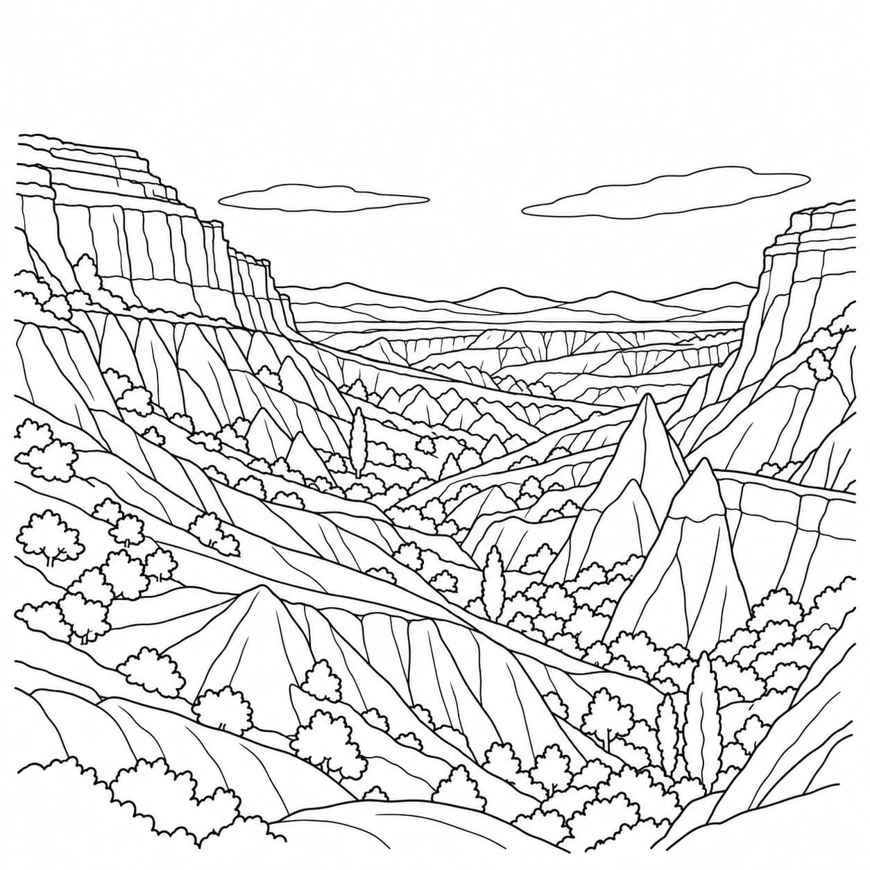 Coloring: Cappadocia valleys layered canyon coloring page
