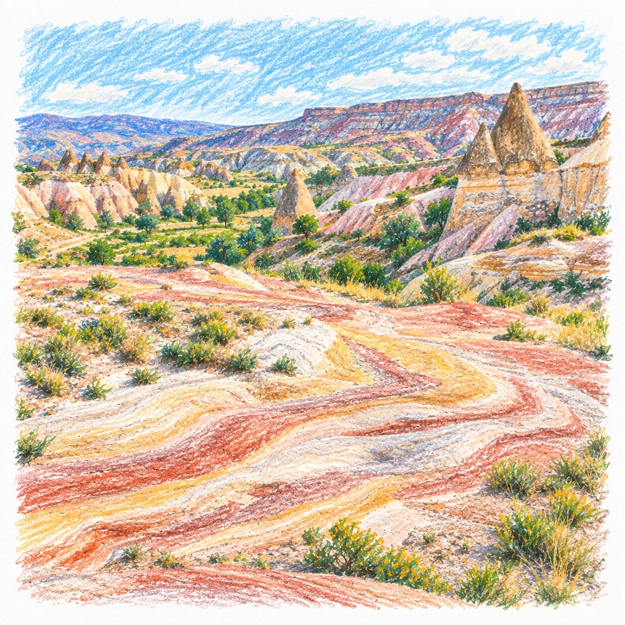Modèle colorié: Coloriage des vallées de Cappadoce : sol aux motifs naturels