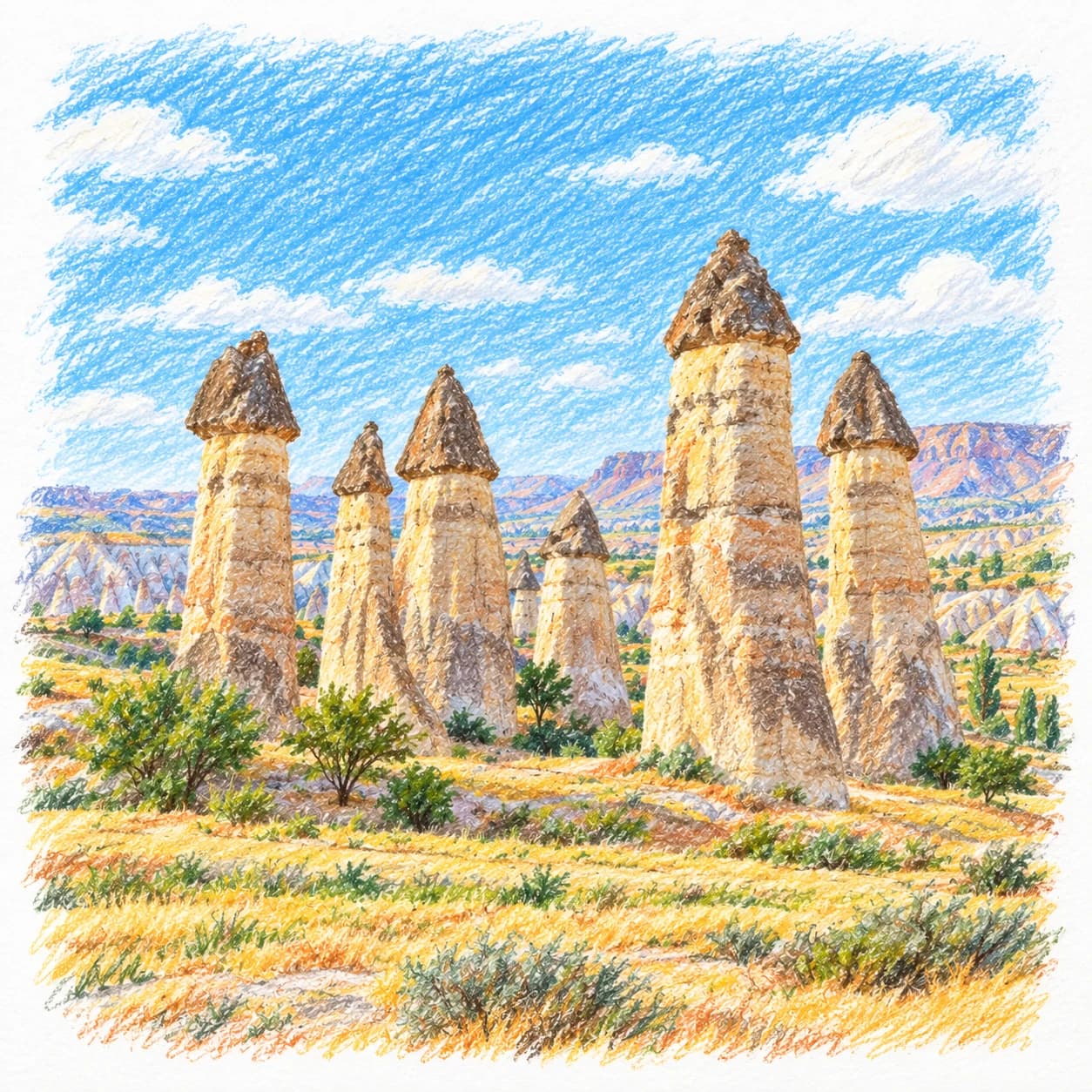 Modèle colorié: Coloriage des vallées de Cappadoce : piliers rocheux
