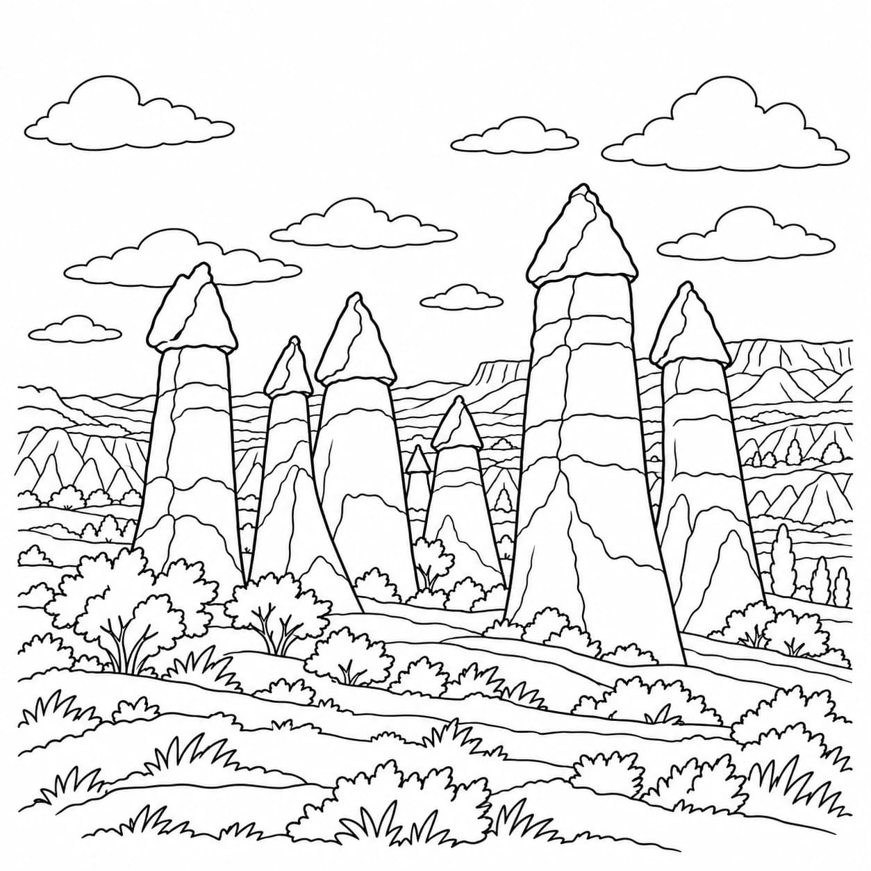 Coloring: Cappadocia valleys stone pillars coloring page