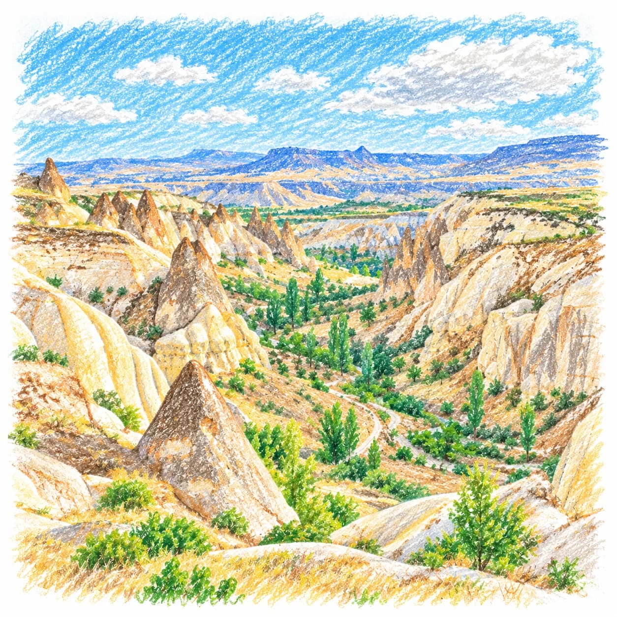 Colored model: Cappadocia valleys winding gorge coloring page