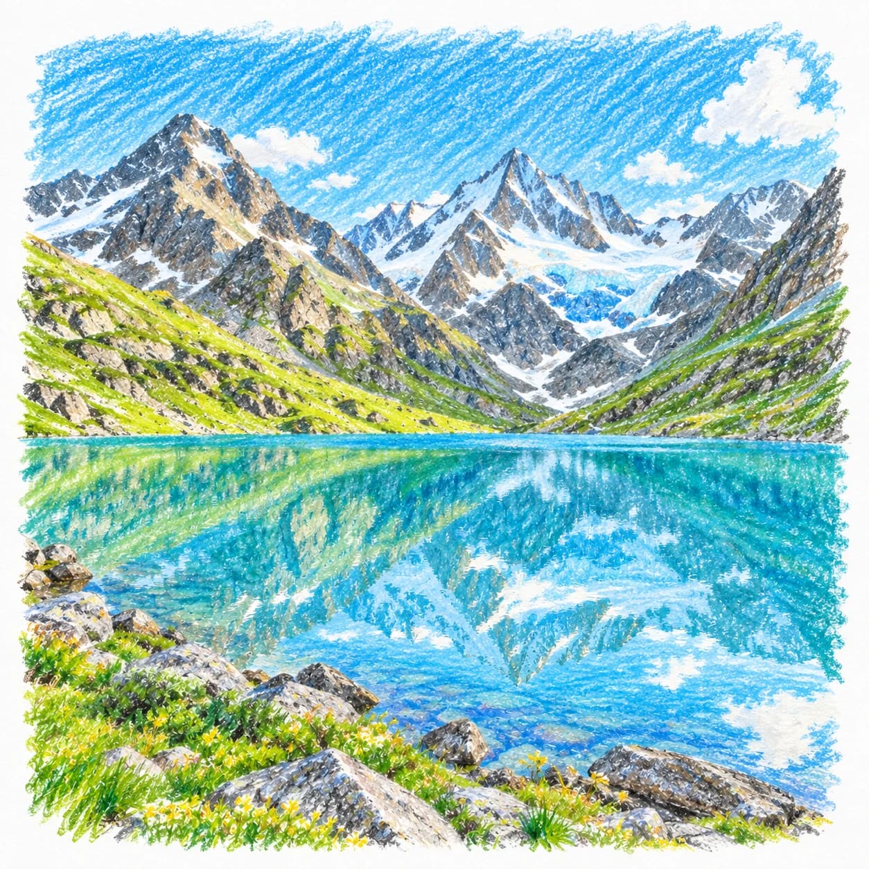 Colored model: Caucasus Mountains glacial lake coloring page