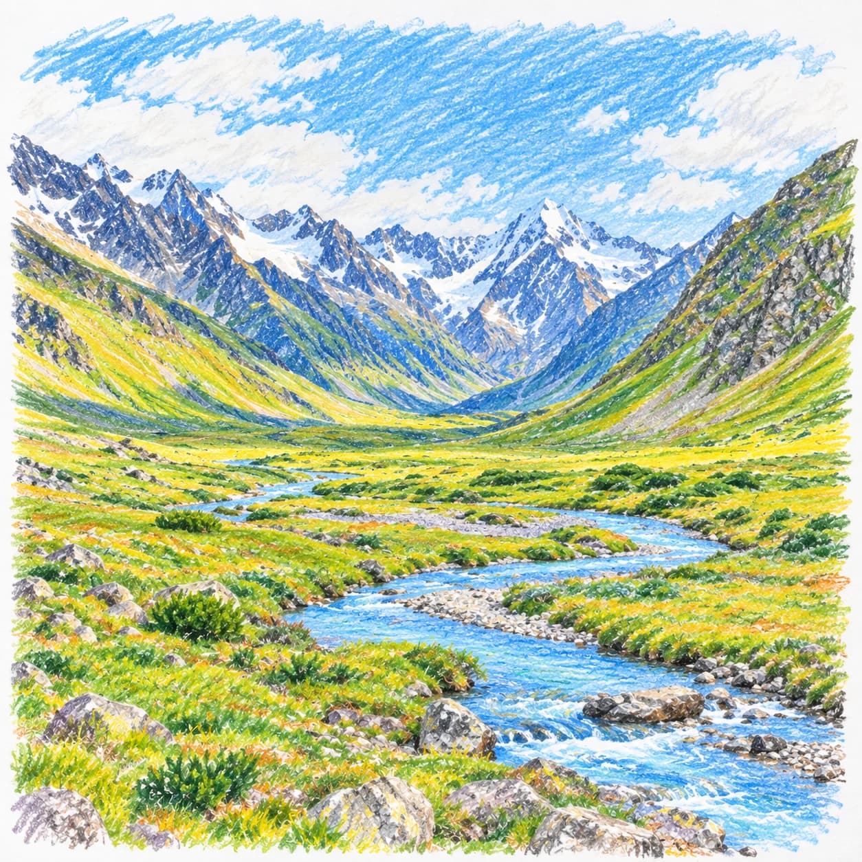 Colored model: Caucasus Mountains high valley coloring page