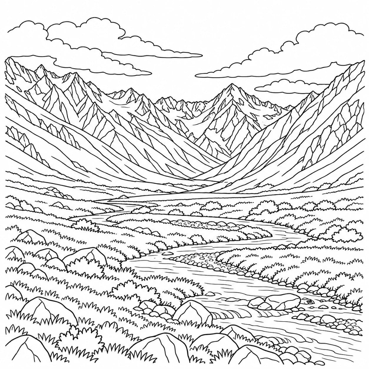 Colorear: Dibujo del Cáucaso para colorear: valle de altura
