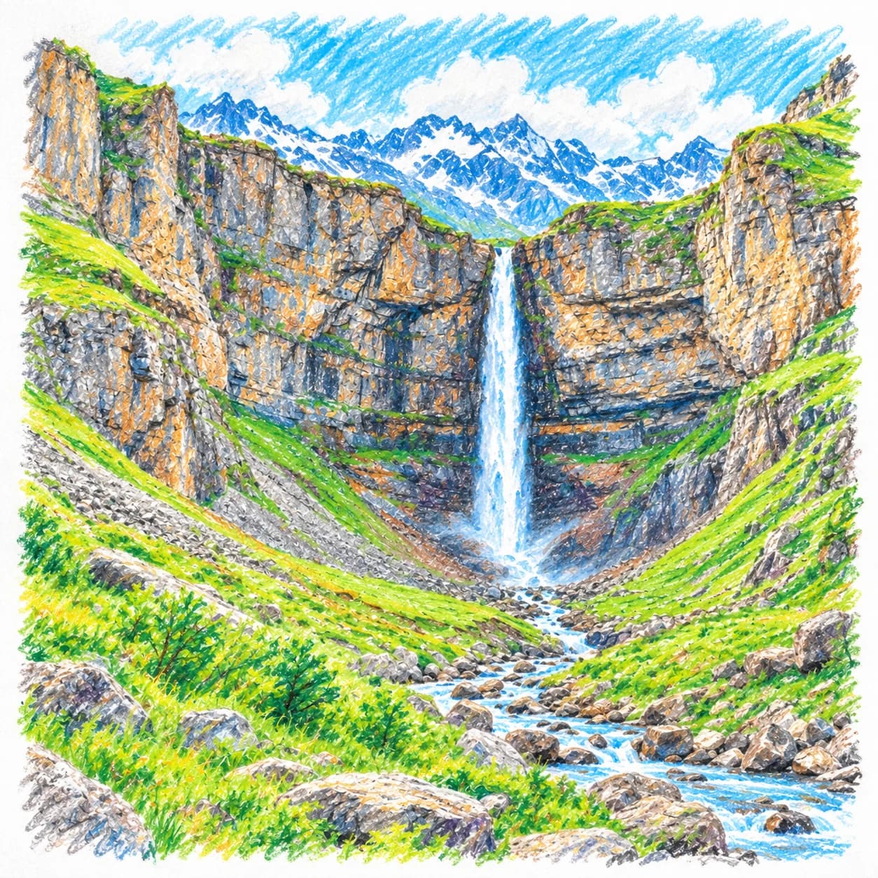 Modelo coloreado: Dibujo del Cáucaso para colorear: cascada