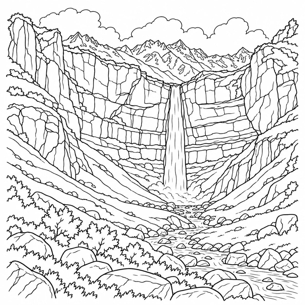 Colorear: Dibujo del Cáucaso para colorear: cascada