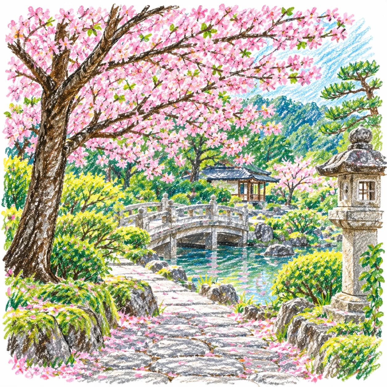 Colored model: Cherry blossom garden coloring page