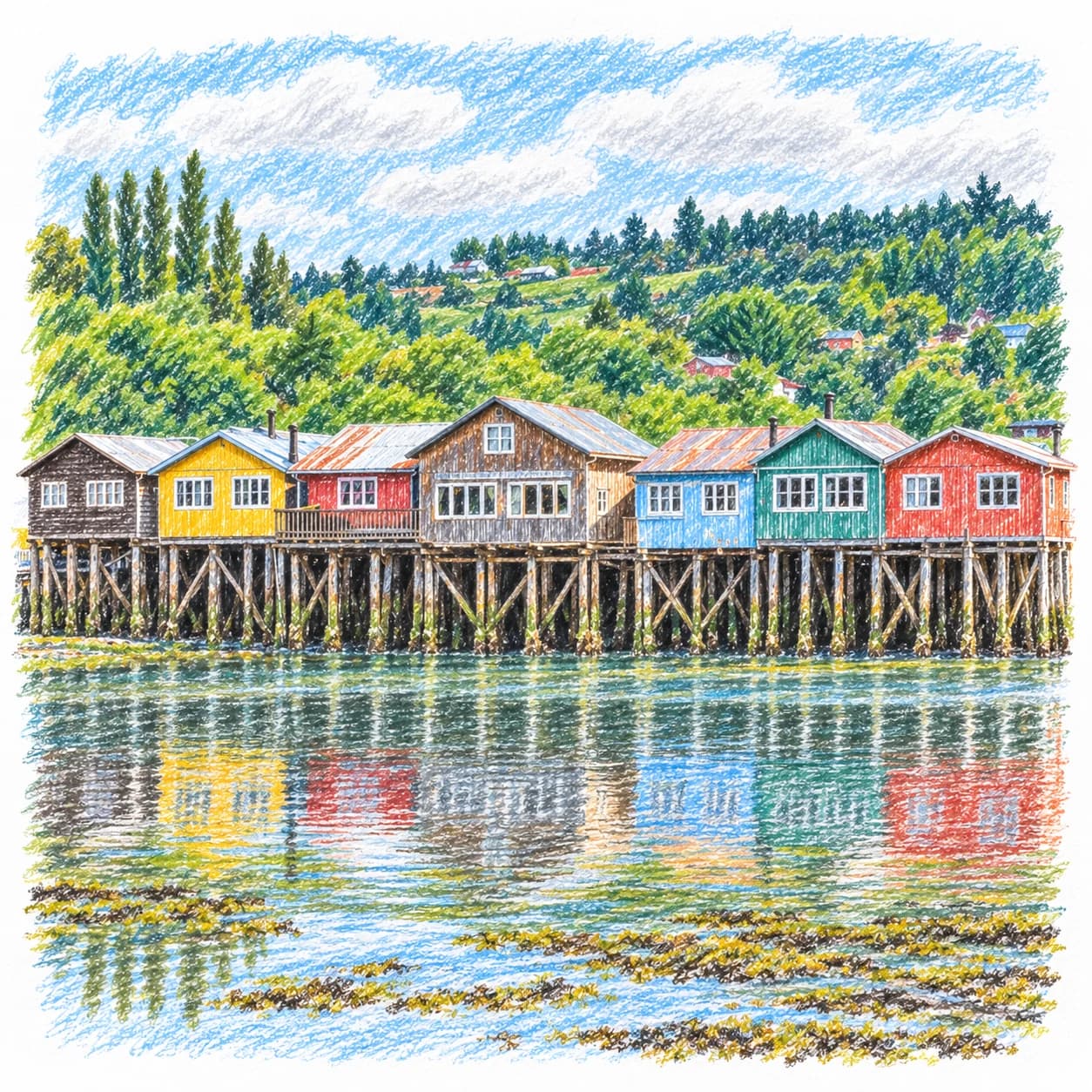 Colored model: Chile coloring page: houses on stilts