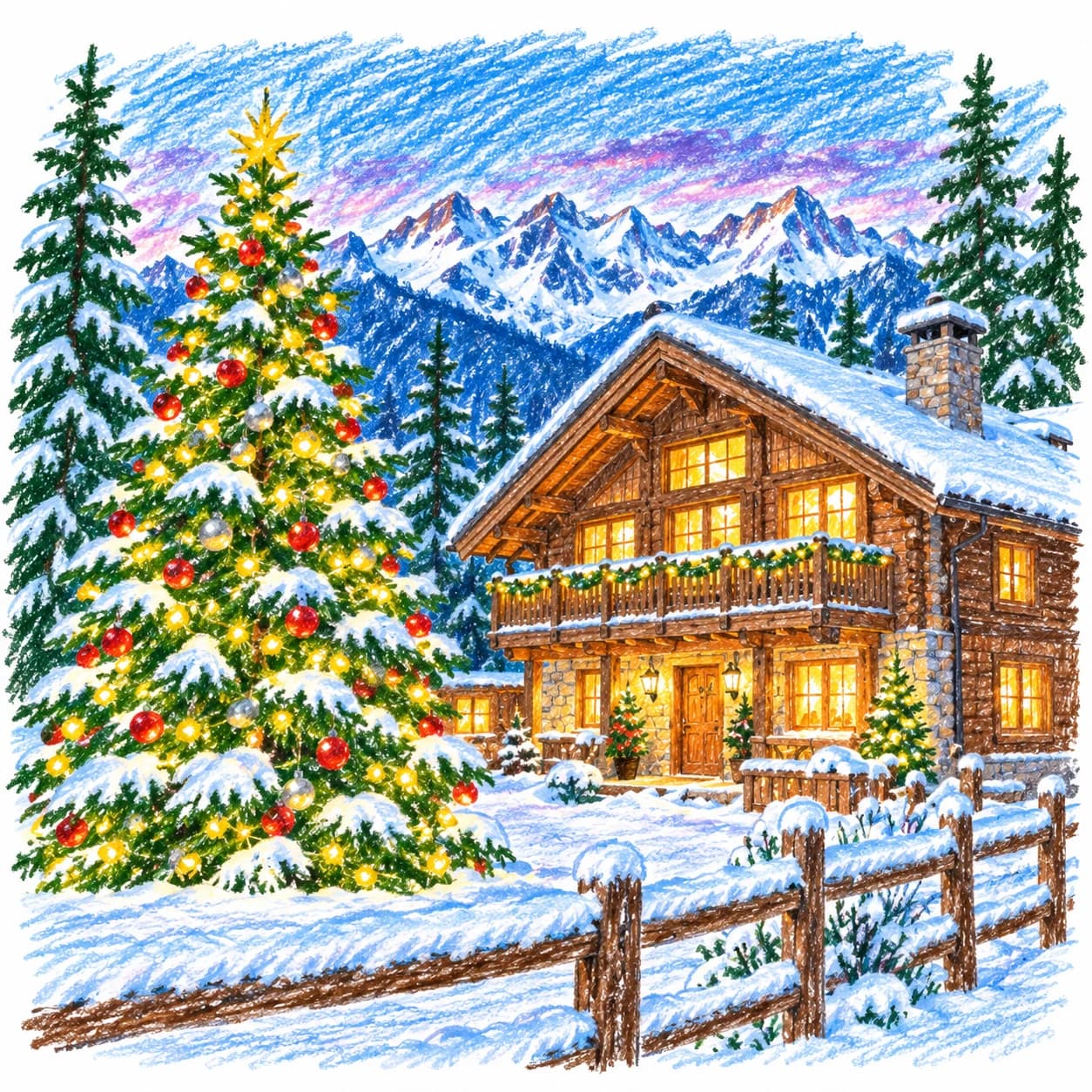 Colored model: Christmas chalet coloring page