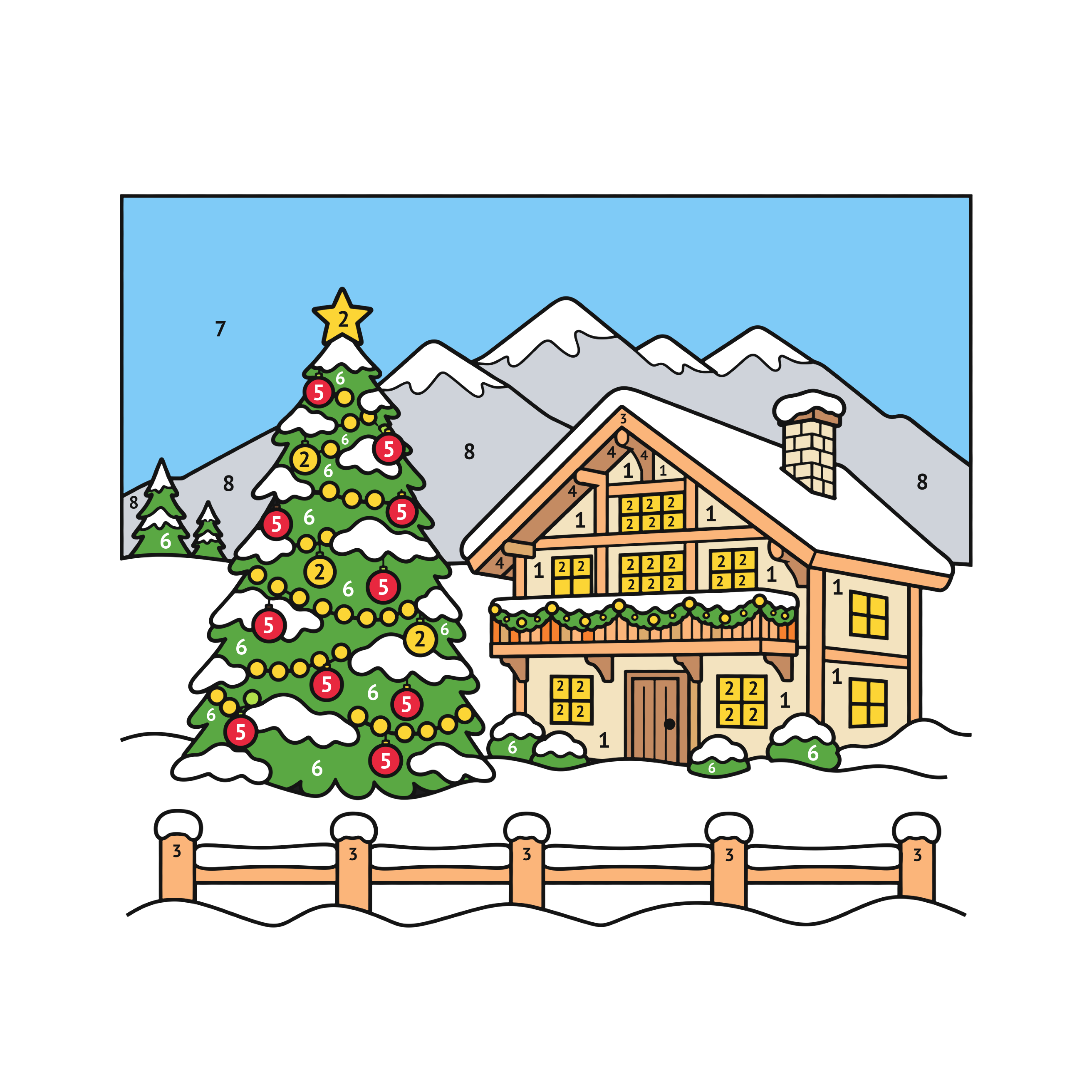 Modelo coloreado: Chalet de Navidad para colorear por números