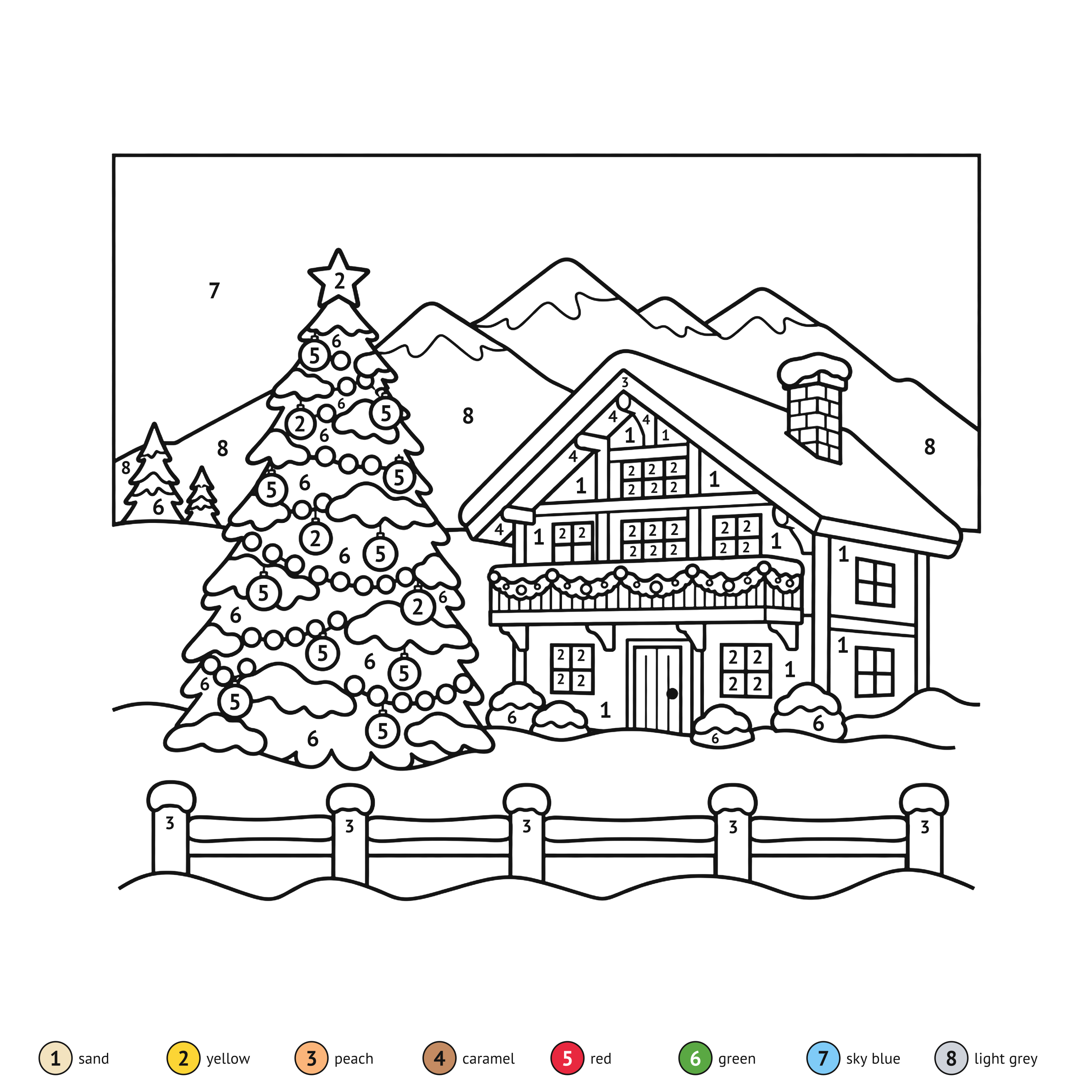 Color by number: Christmas chalet color by number printable