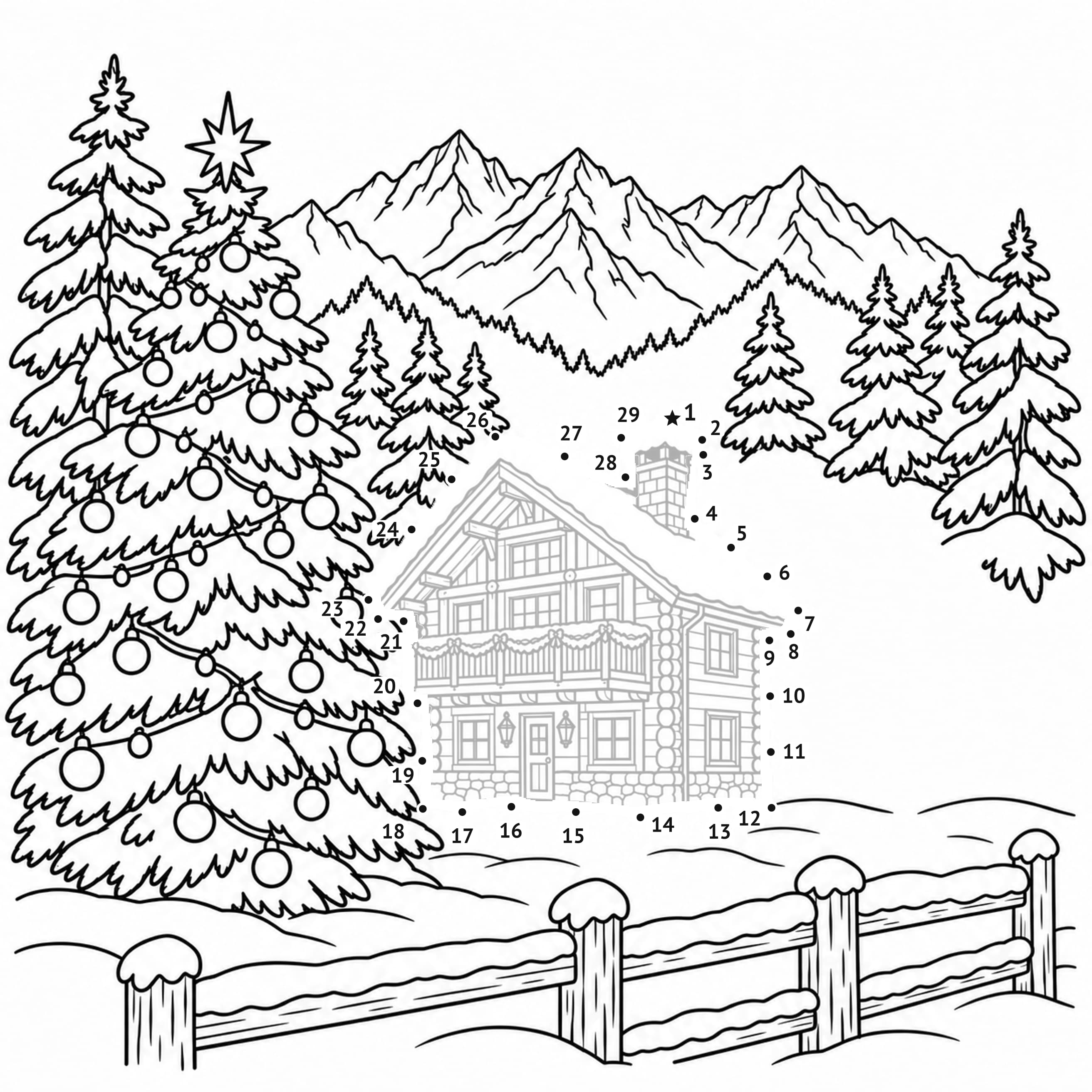 Points à relier: Chalet de Noël : points à relier à imprimer