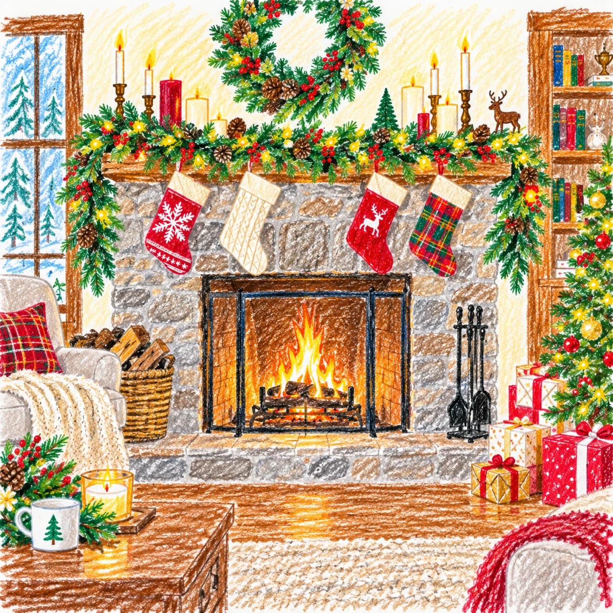 Modèle colorié: Coloriage de cheminée de Noël
