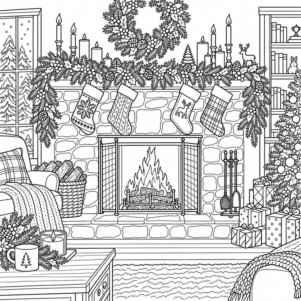 Coloring: Christmas fireplace coloring page