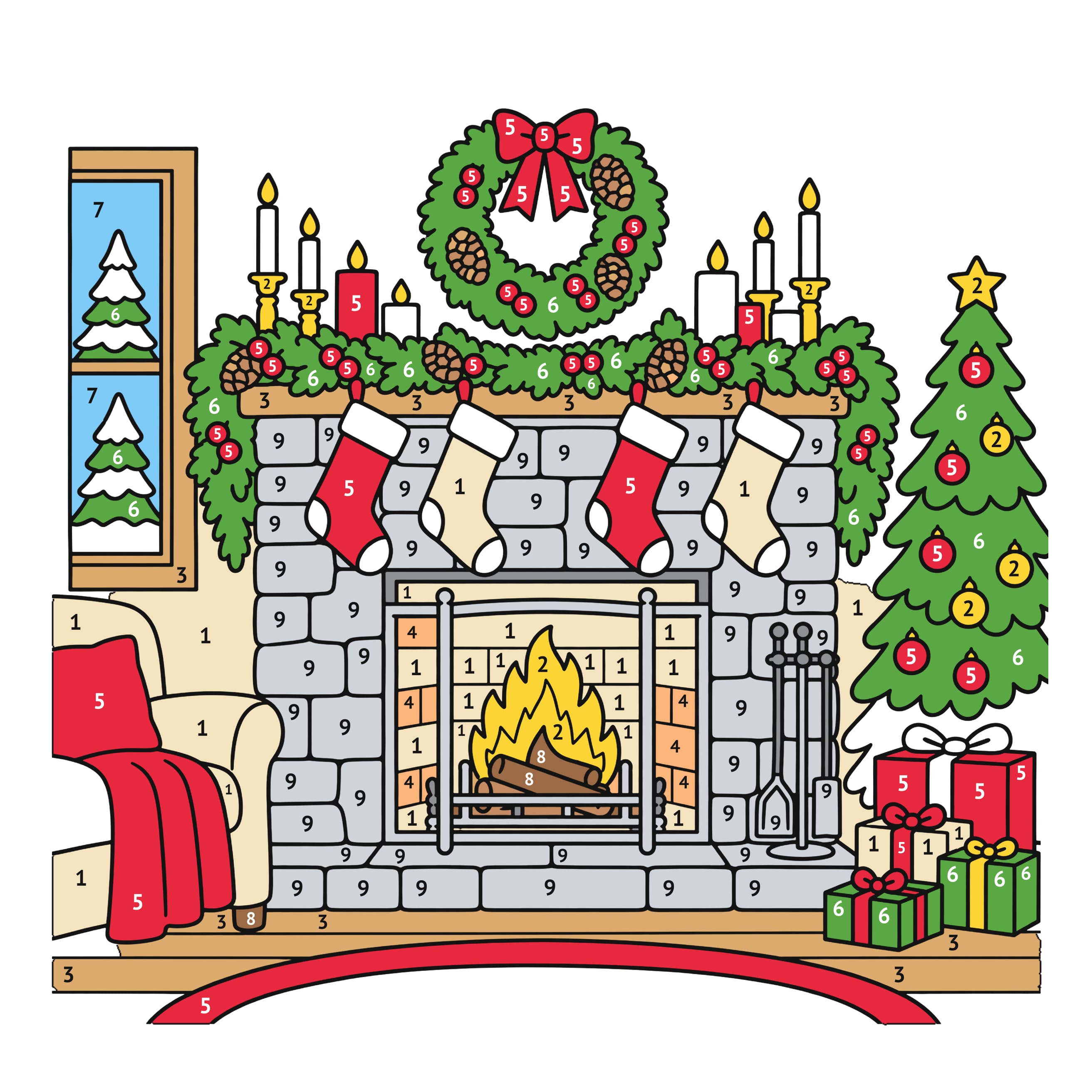 Modelo coloreado: Chimenea de Navidad para colorear por números