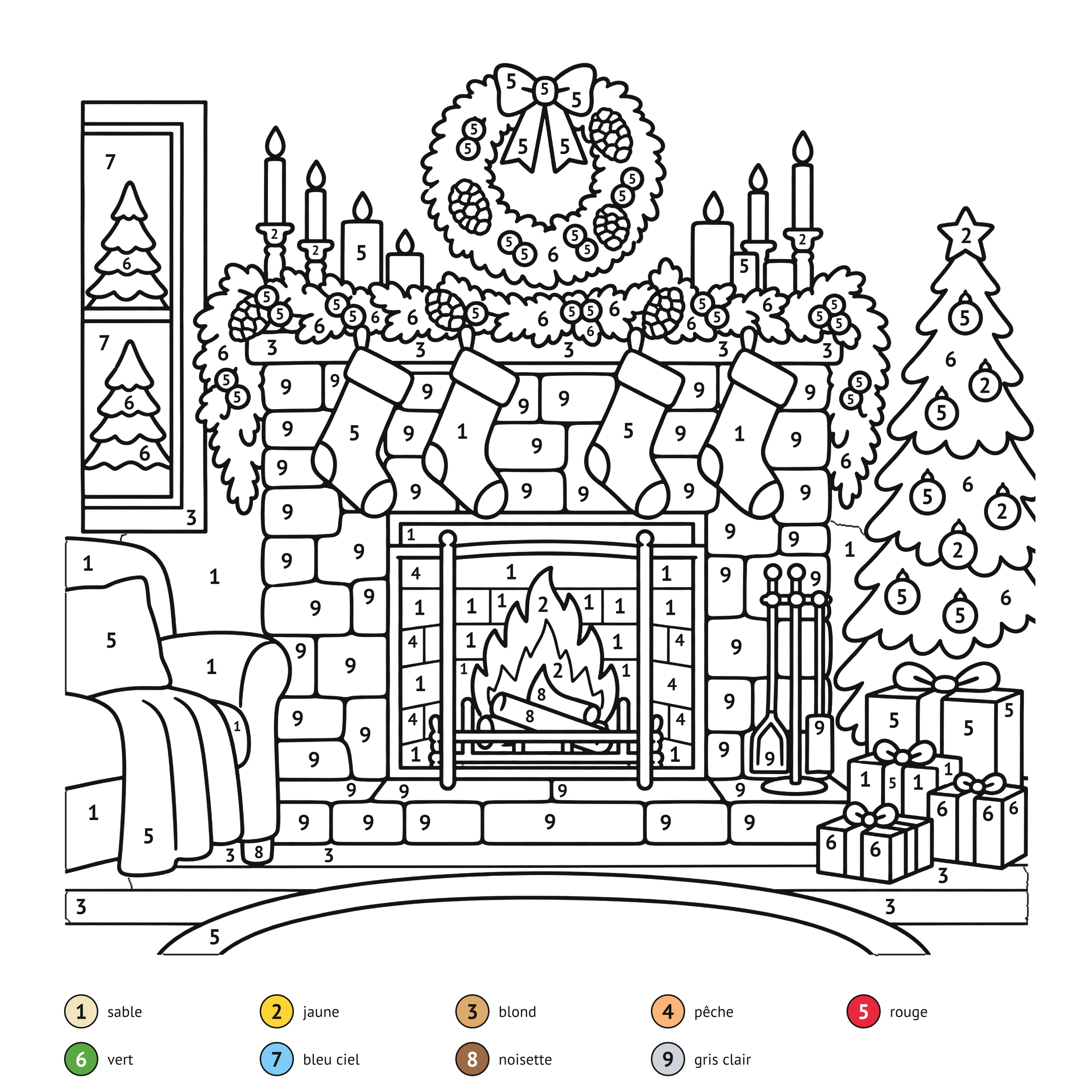 Au numéro: Cheminée de Noël : coloriage au numéro à imprimer