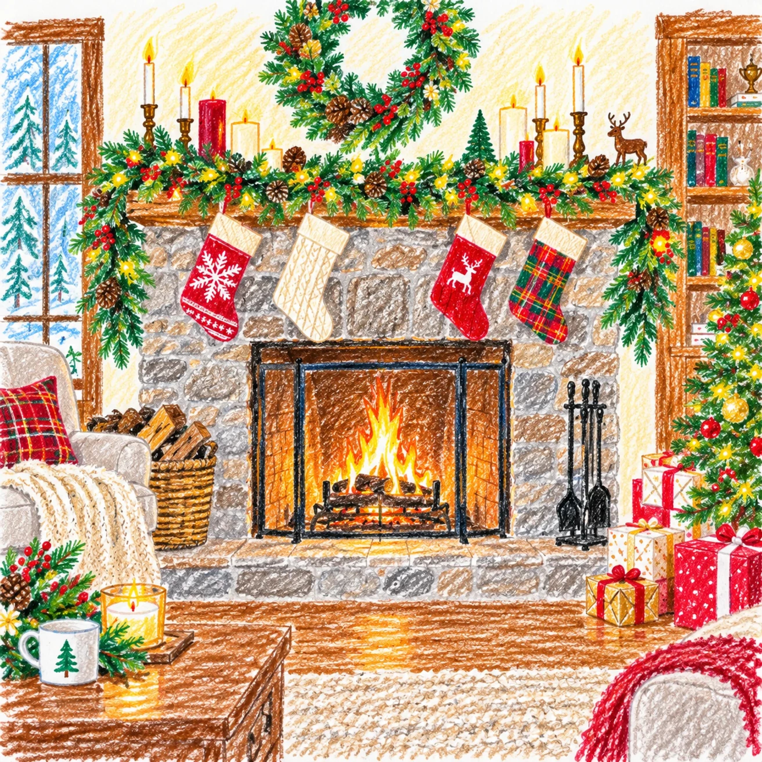 Colored model: Christmas fireplace dot to dot printable