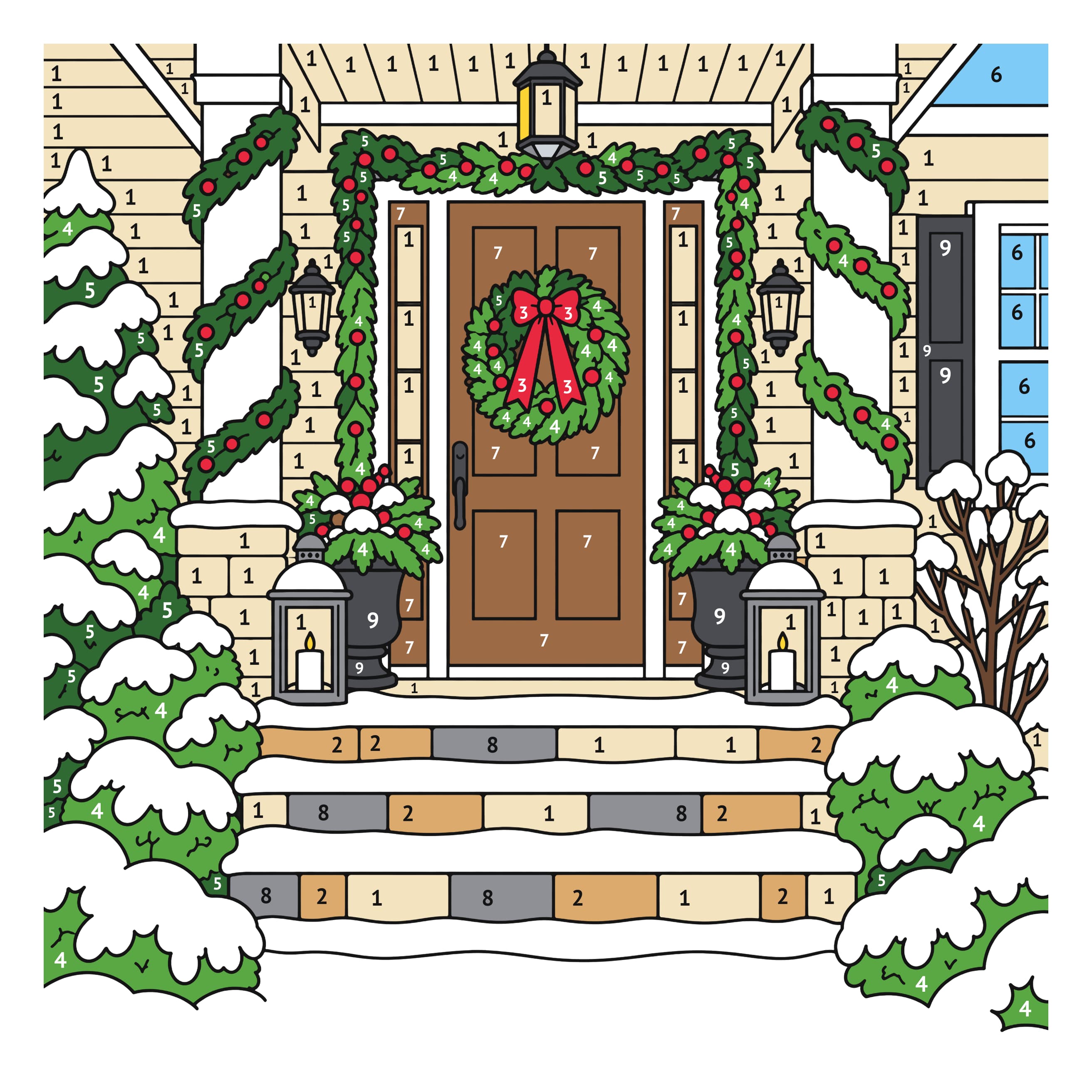 Colored model: Christmas front door color by number printable