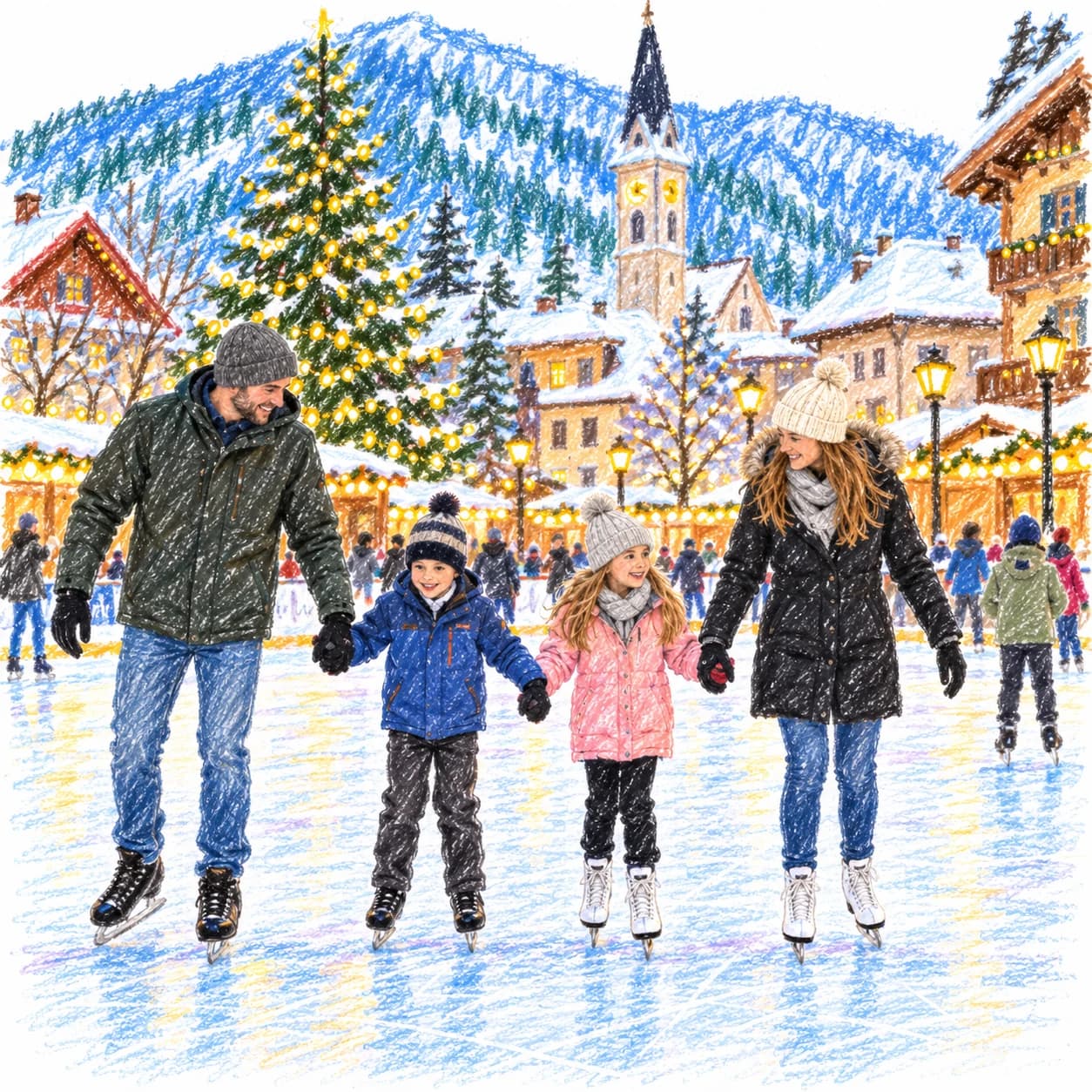 Modelo coloreado: Dibujo de patinaje sobre hielo en Navidad para colorear