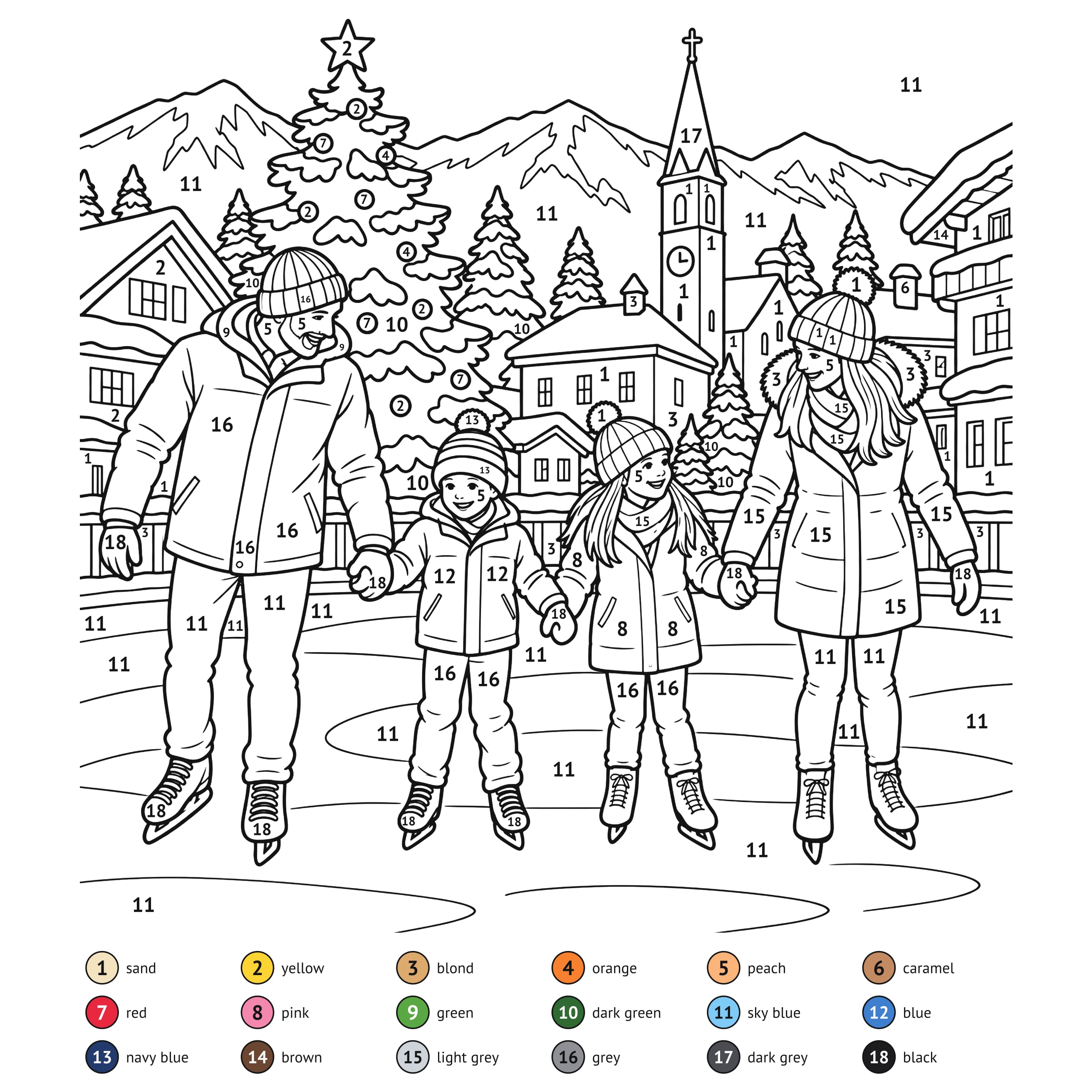Color by number: Christmas ice skating color by number printable