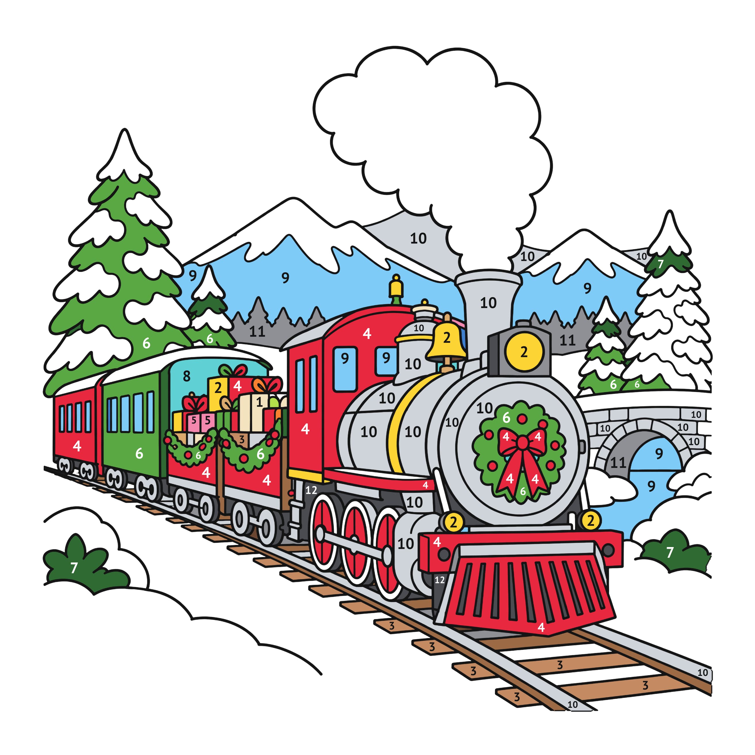 Modelo coloreado: Tren de Navidad para colorear por números