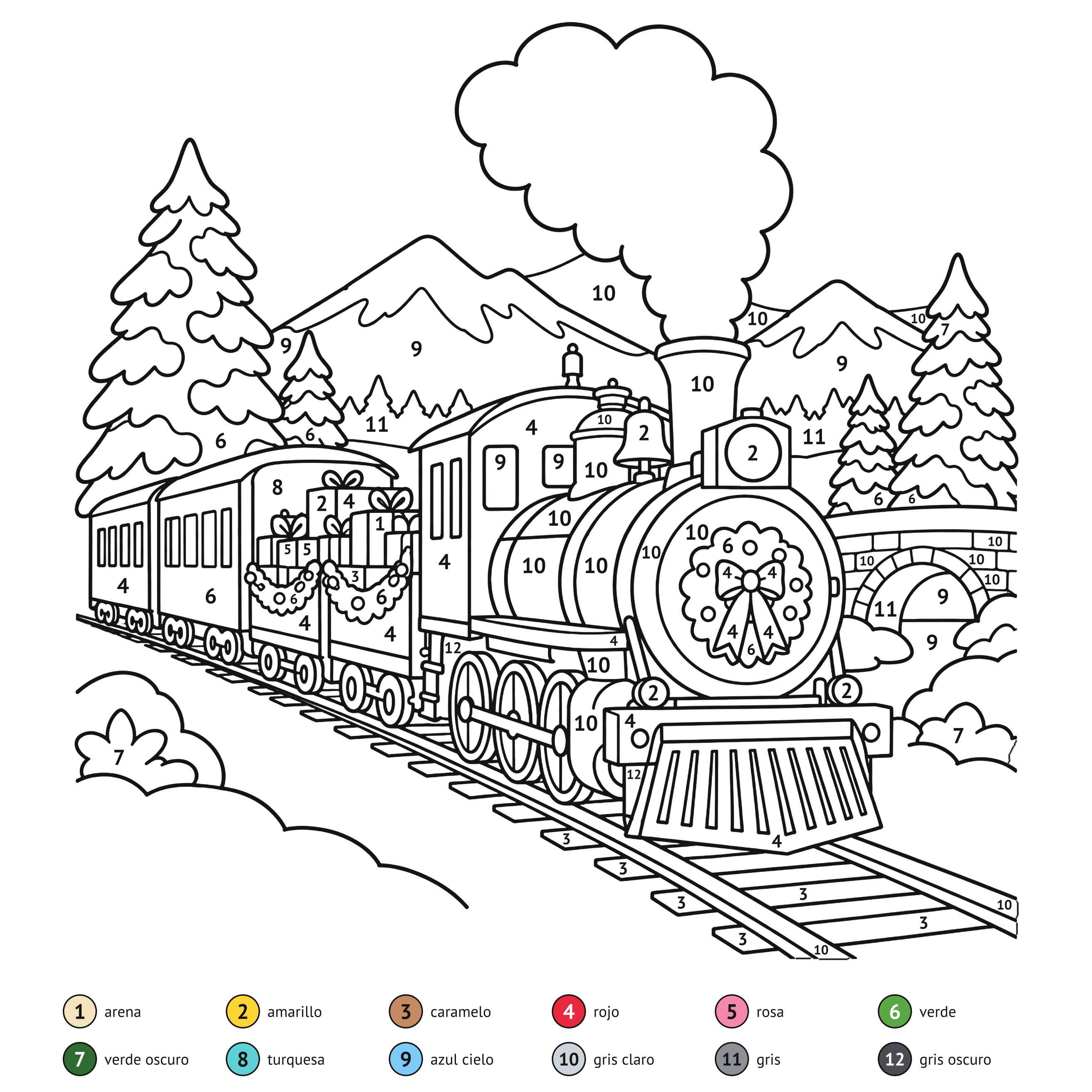 Por números: Tren de Navidad para colorear por números