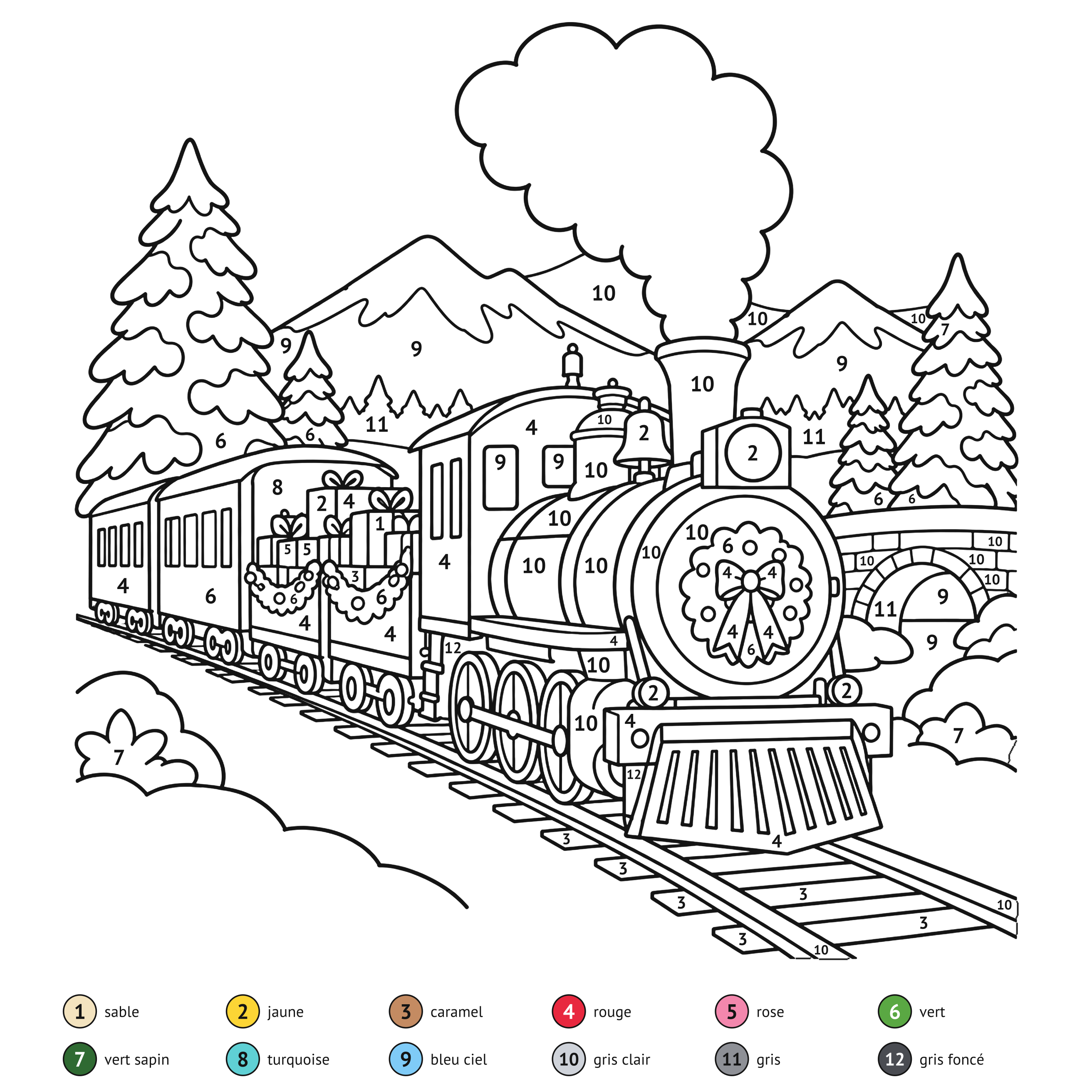 Au numéro: Train de Noël : coloriage au numéro à imprimer