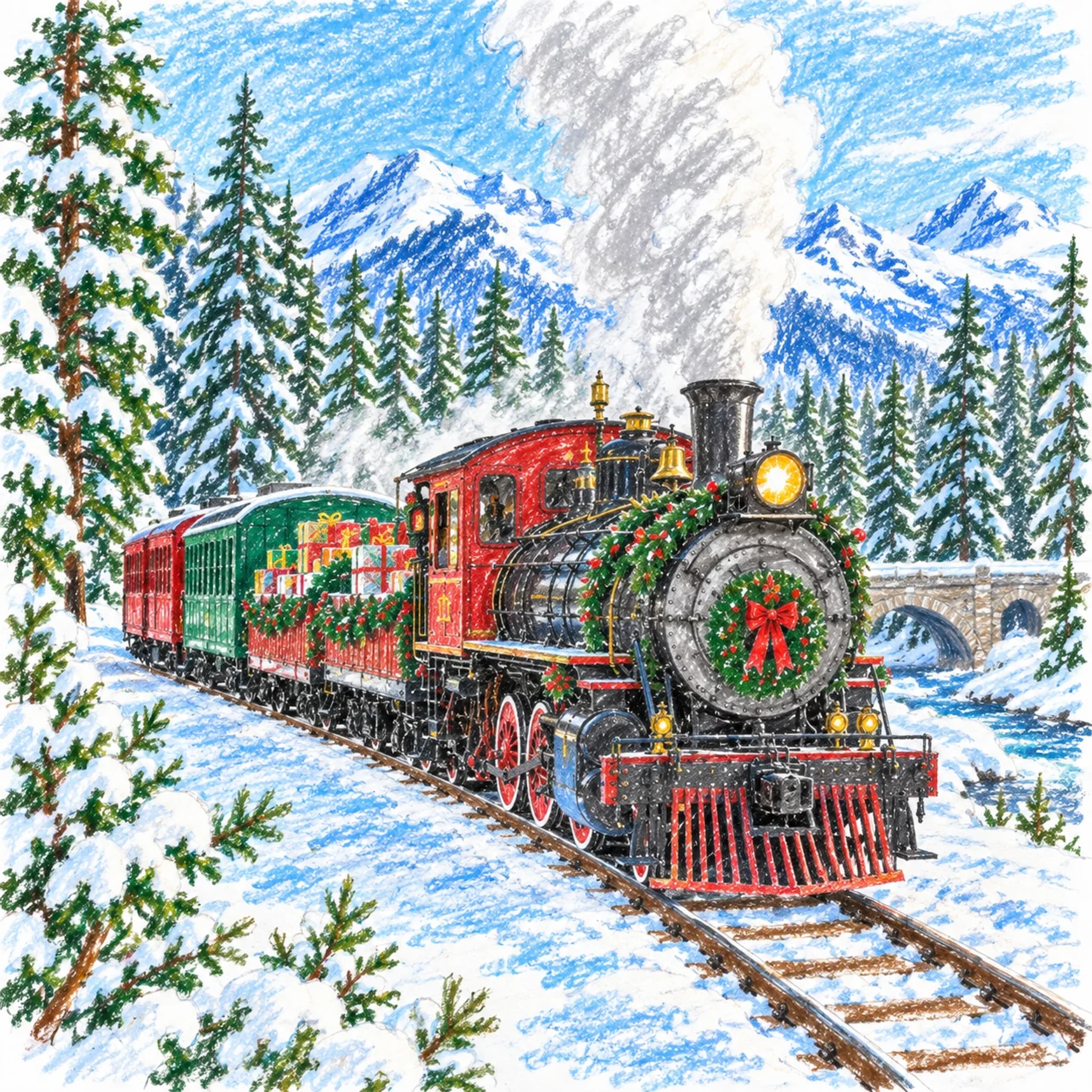 Modèle colorié: Train de Noël : points à relier à imprimer