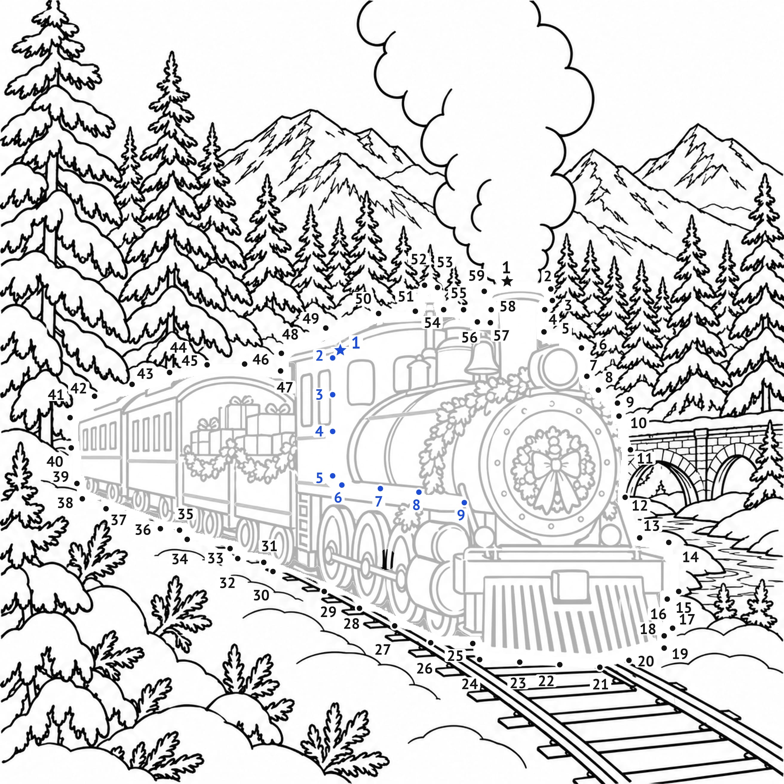 Dot to dot: Christmas train dot to dot printable