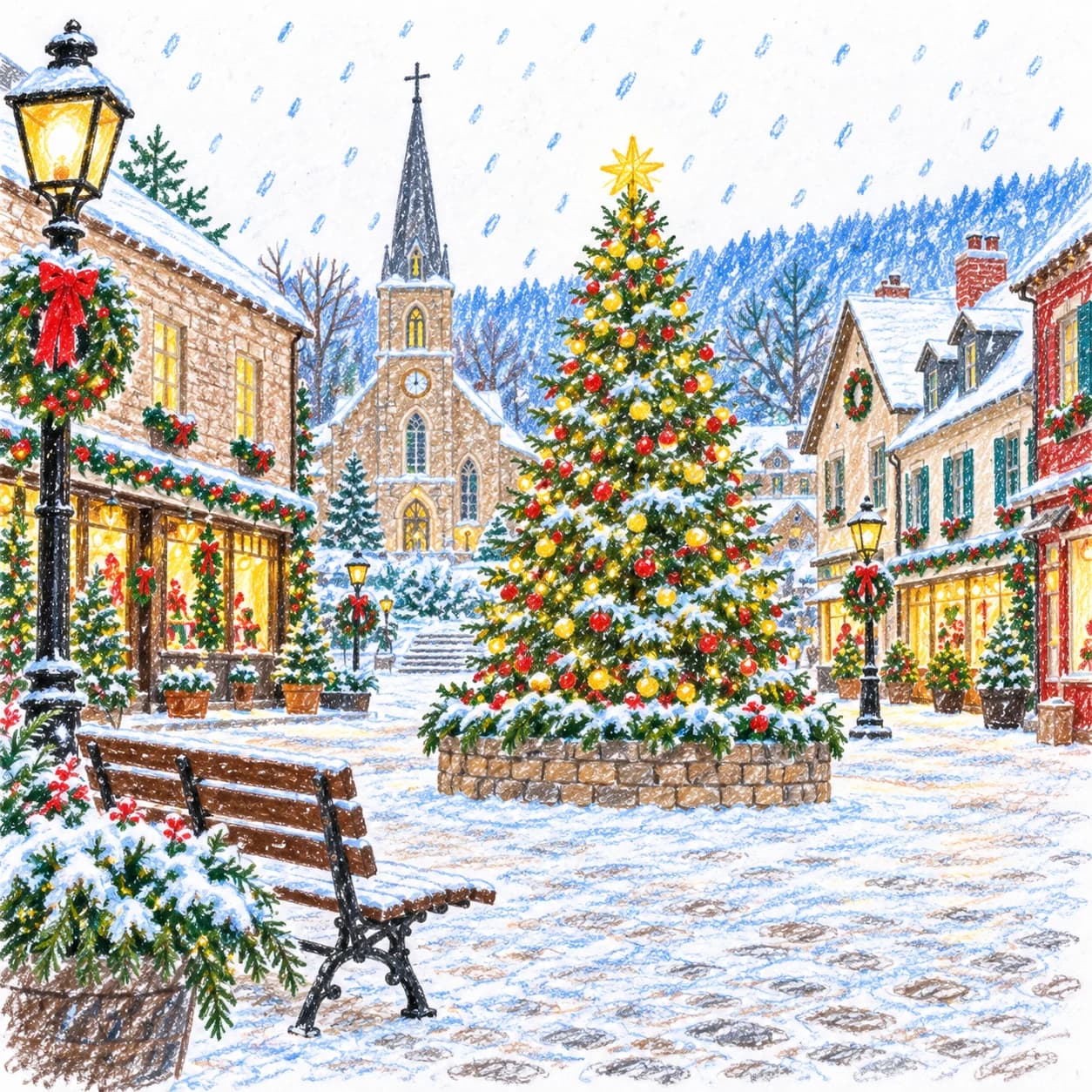 Modèle colorié: Coloriage de village de Noël