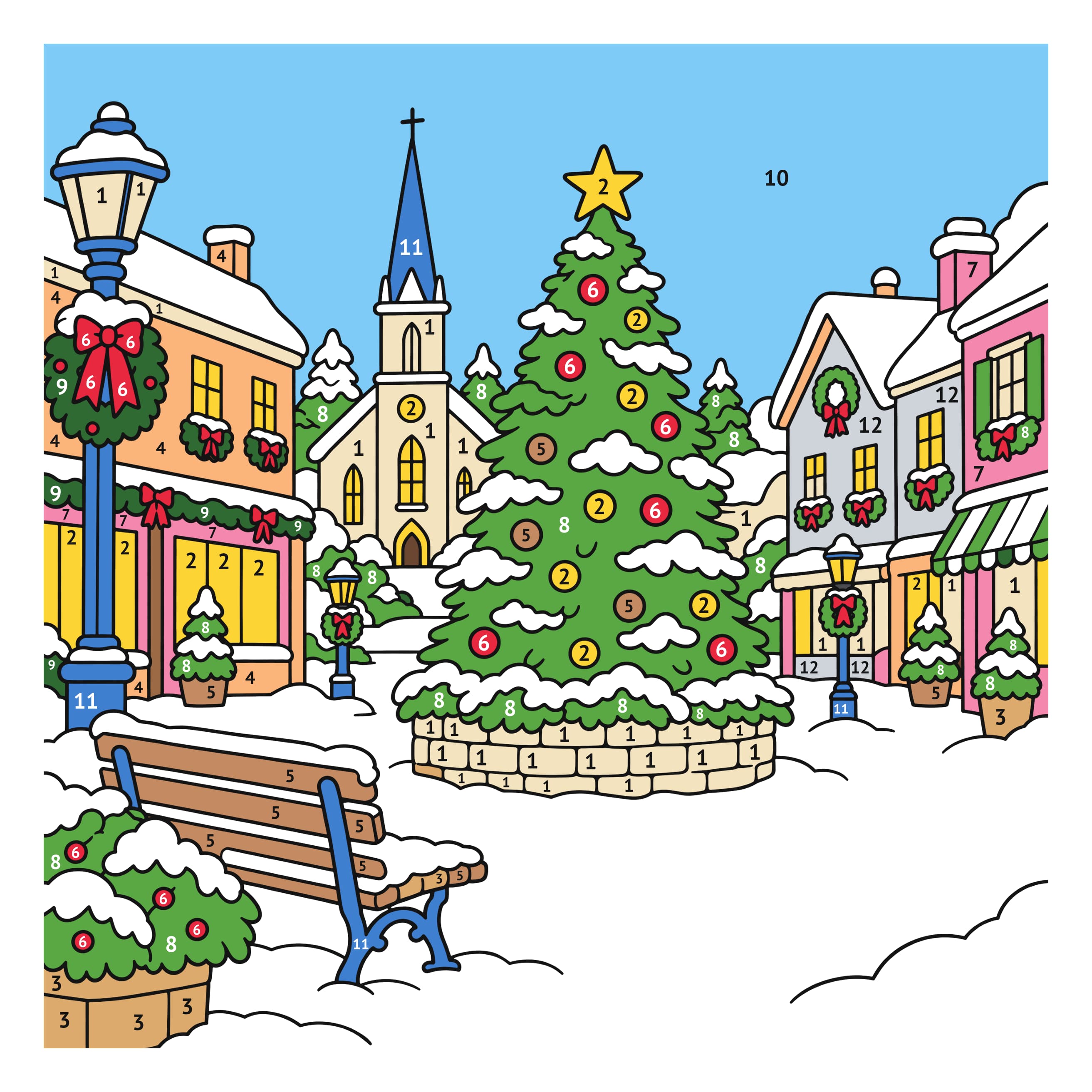 Modèle colorié: Village de Noël : coloriage au numéro à imprimer
