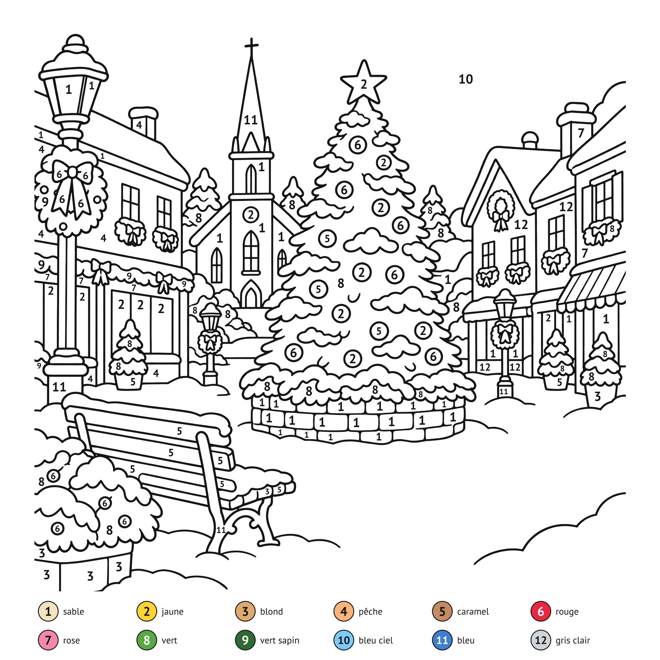 Au numéro: Village de Noël : coloriage au numéro à imprimer