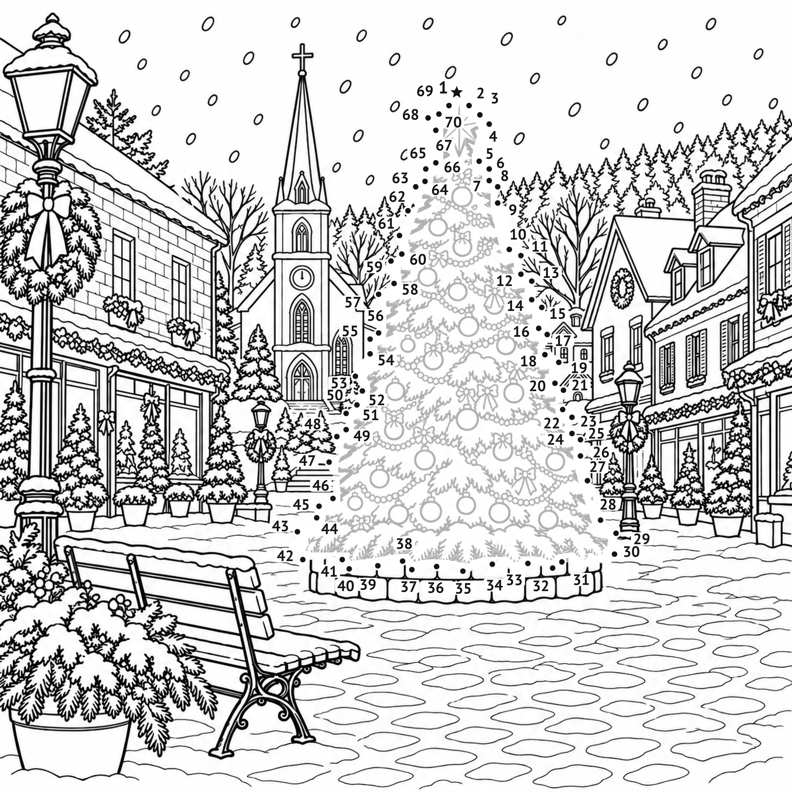 Points à relier: Village de Noël : points à relier à imprimer