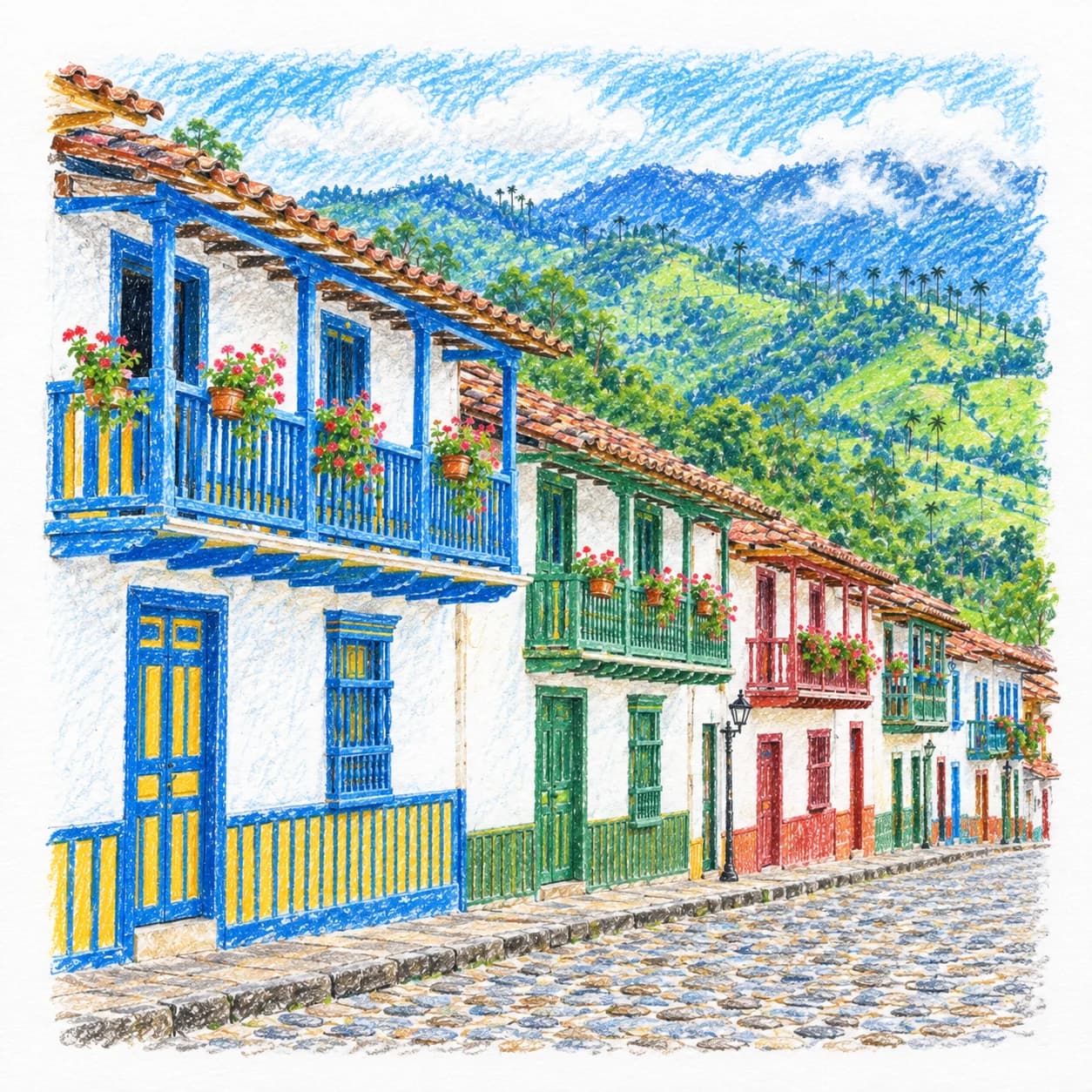 Modèle colorié: Coloriage de la Colombie : rue aux balcons colorés