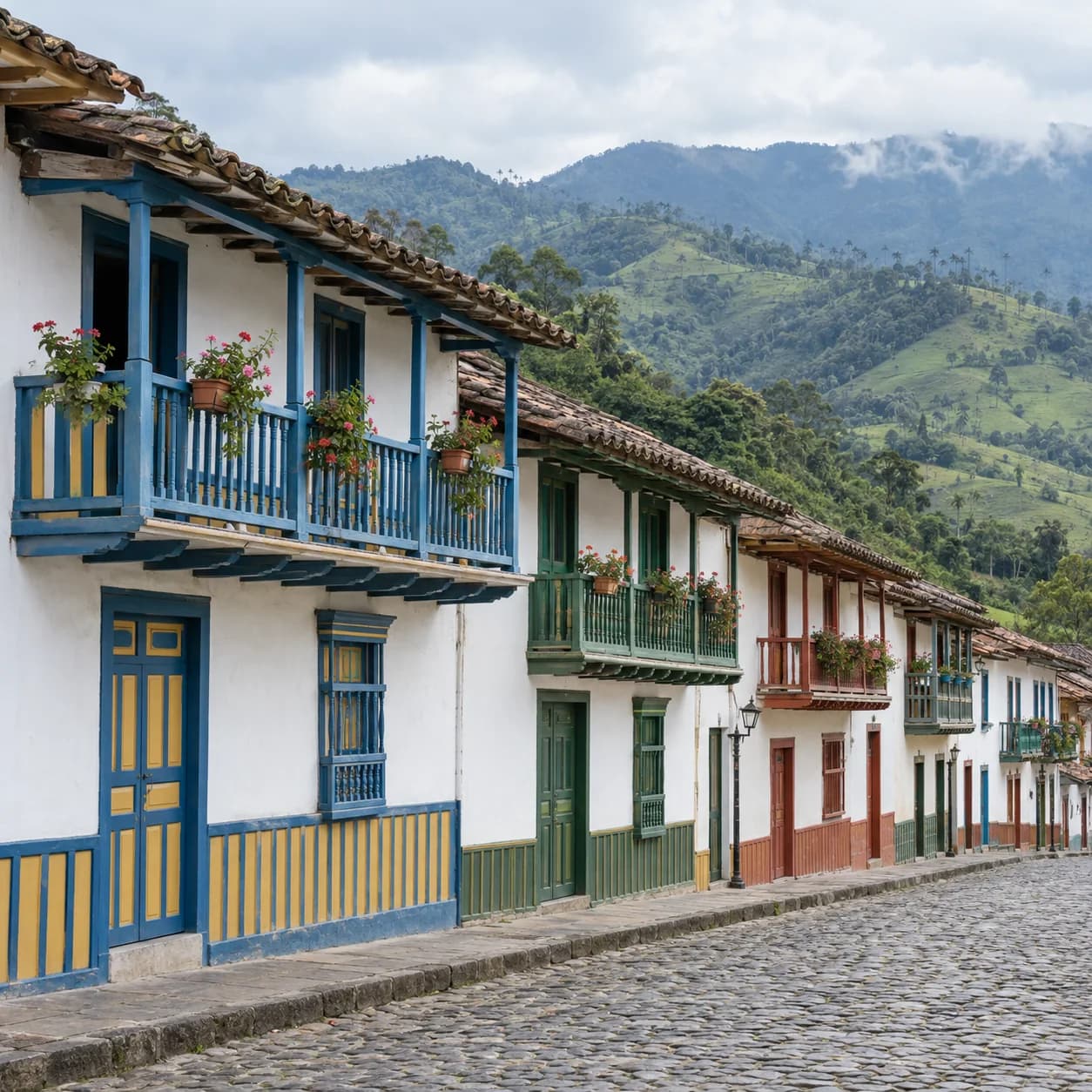 Realistic source: Colombia coloring page: street with painted balconies