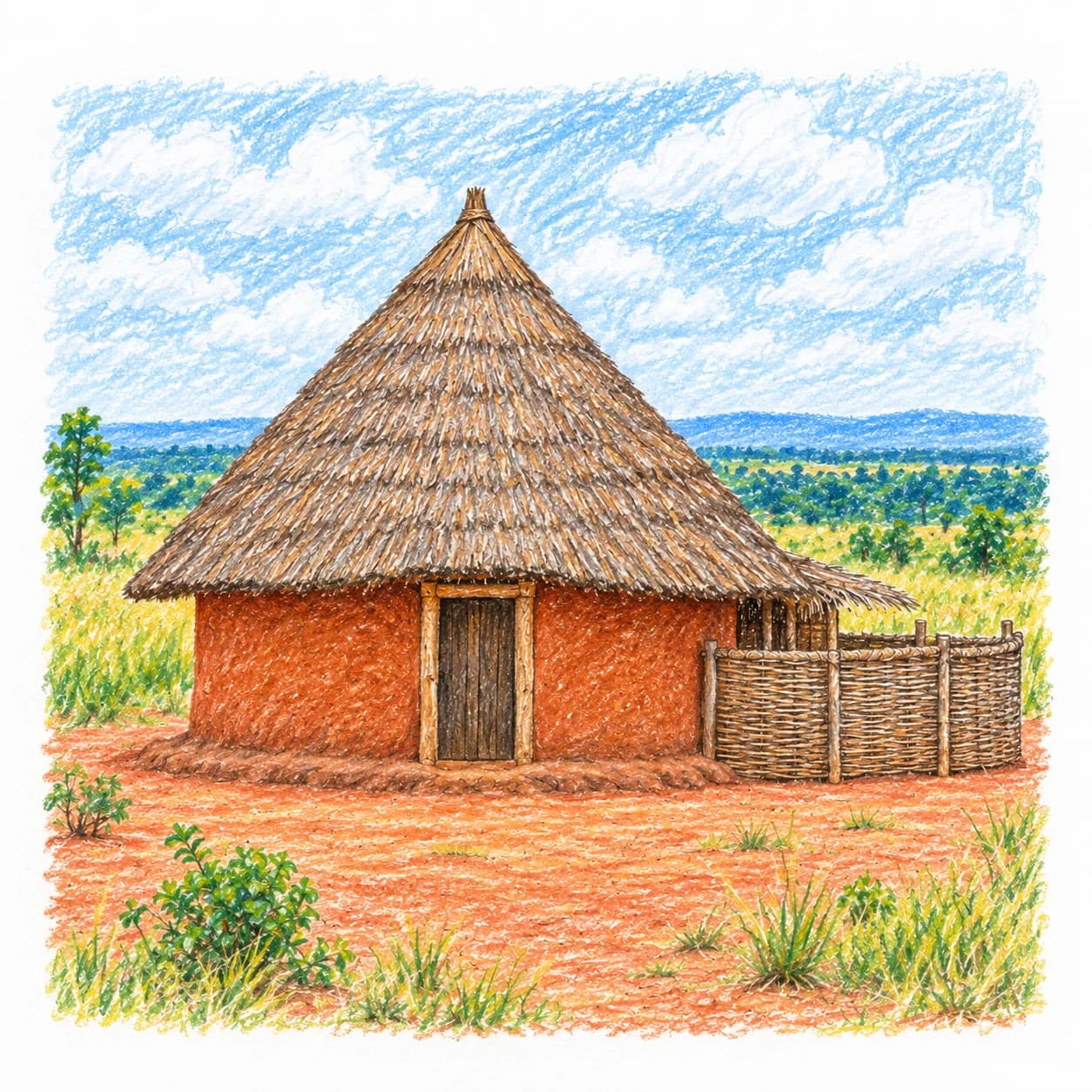 Modèle colorié: Coloriage du Congo-Brazzaville : case au toit de chaume
