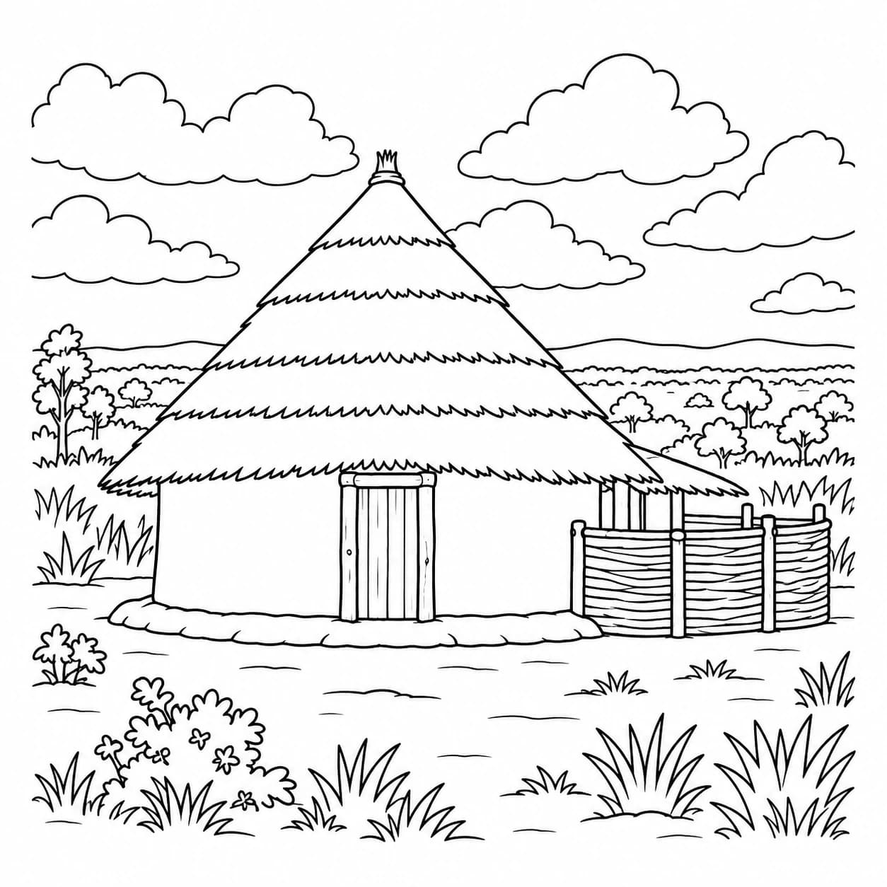 Coloriage: Coloriage du Congo-Brazzaville : case au toit de chaume