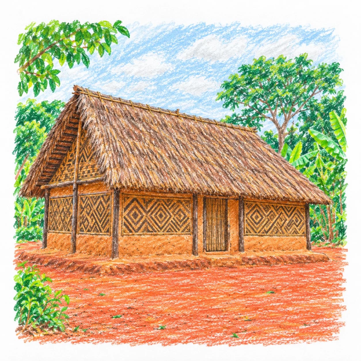 Colored model: DR Congo coloring page: thatched house with patterns