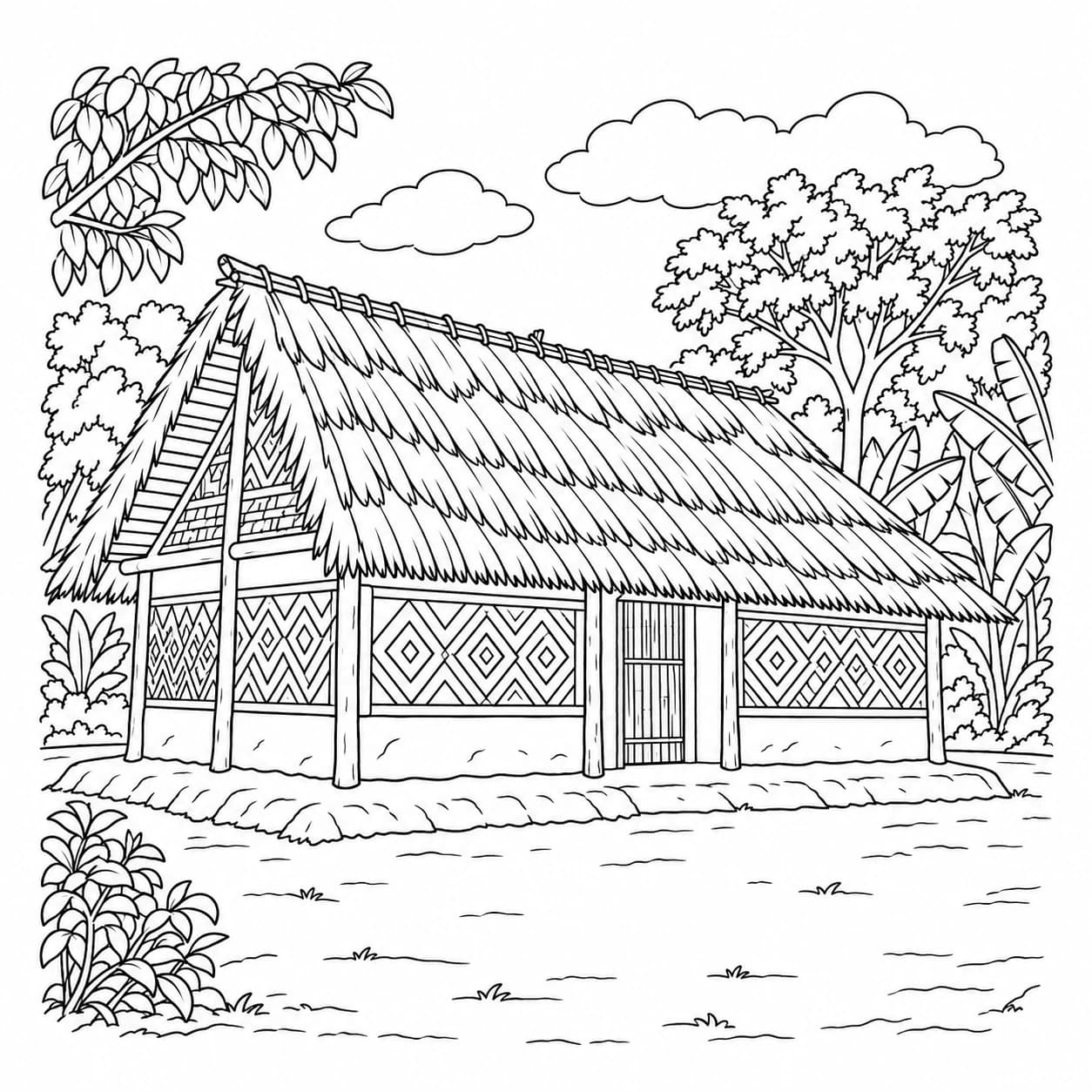 Coloriage: Coloriage de la RD Congo : case à motifs et chaume