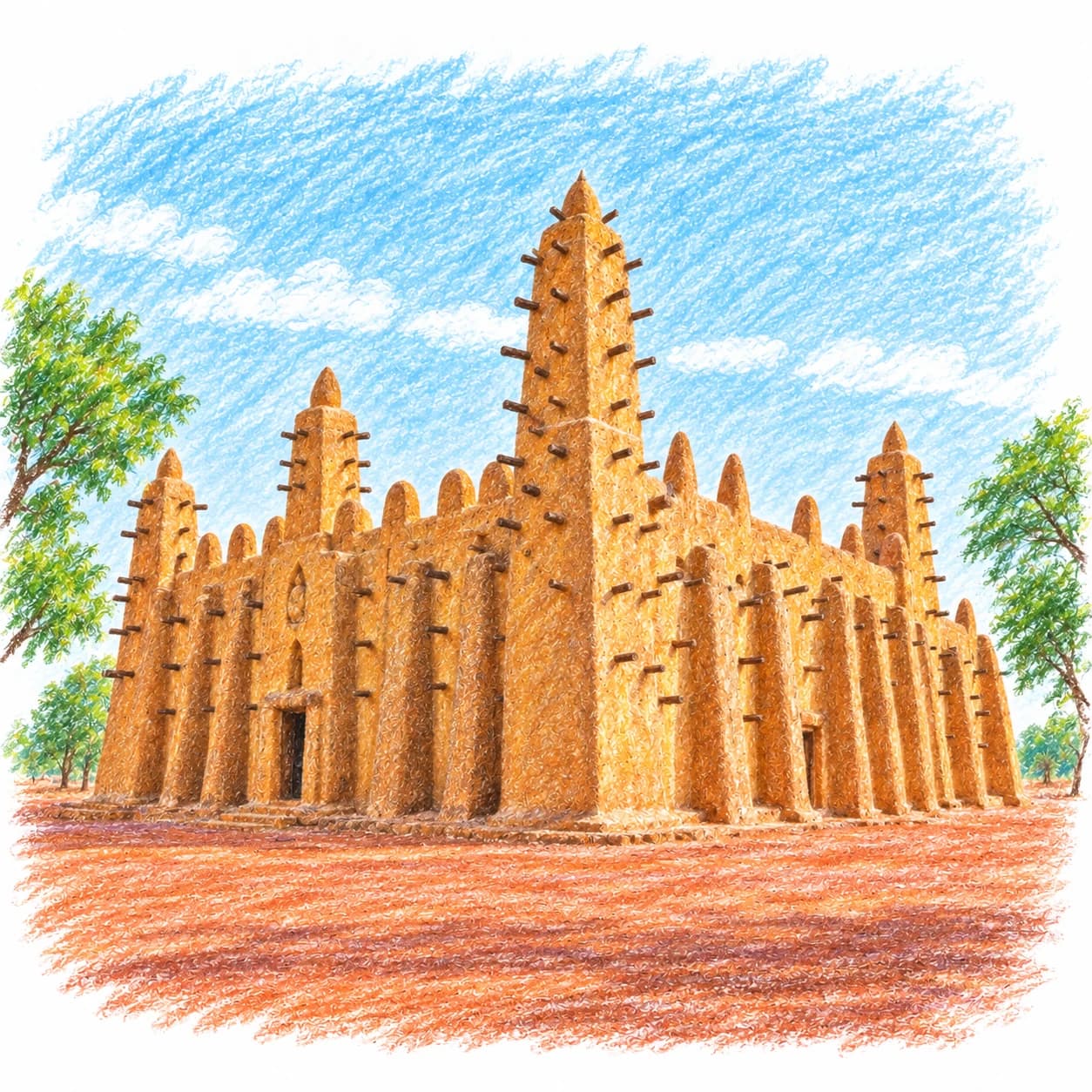 Modèle colorié: Coloriage de la Côte d'Ivoire : mosquée en terre