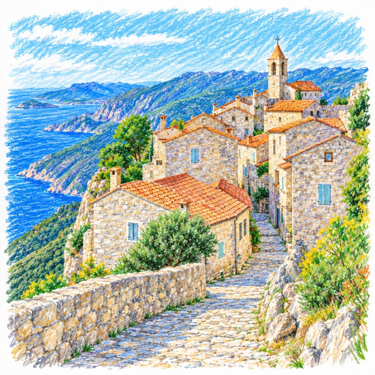 Modèle colorié: Coloriage de la Croatie : village de pierre face à la mer