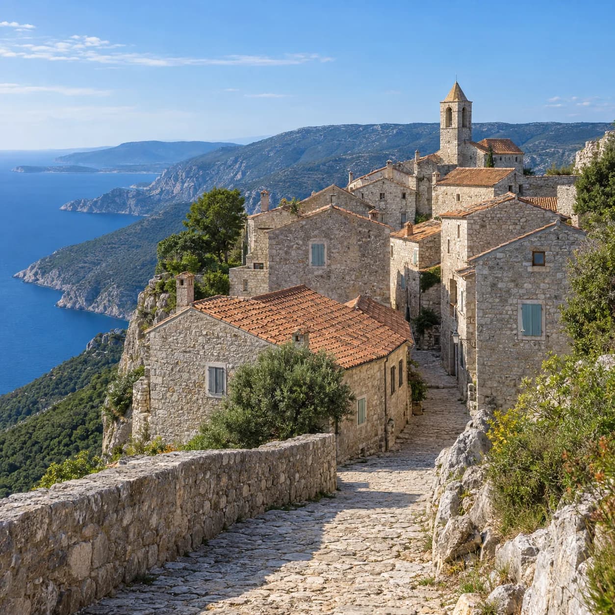 Realistic source: Croatia coloring page: stone village above the sea